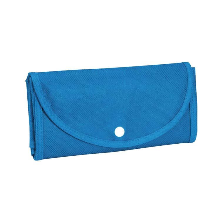 A foldable bag in bright blue, featuring a snap closure and a textured surface, with a logo displayed on it.