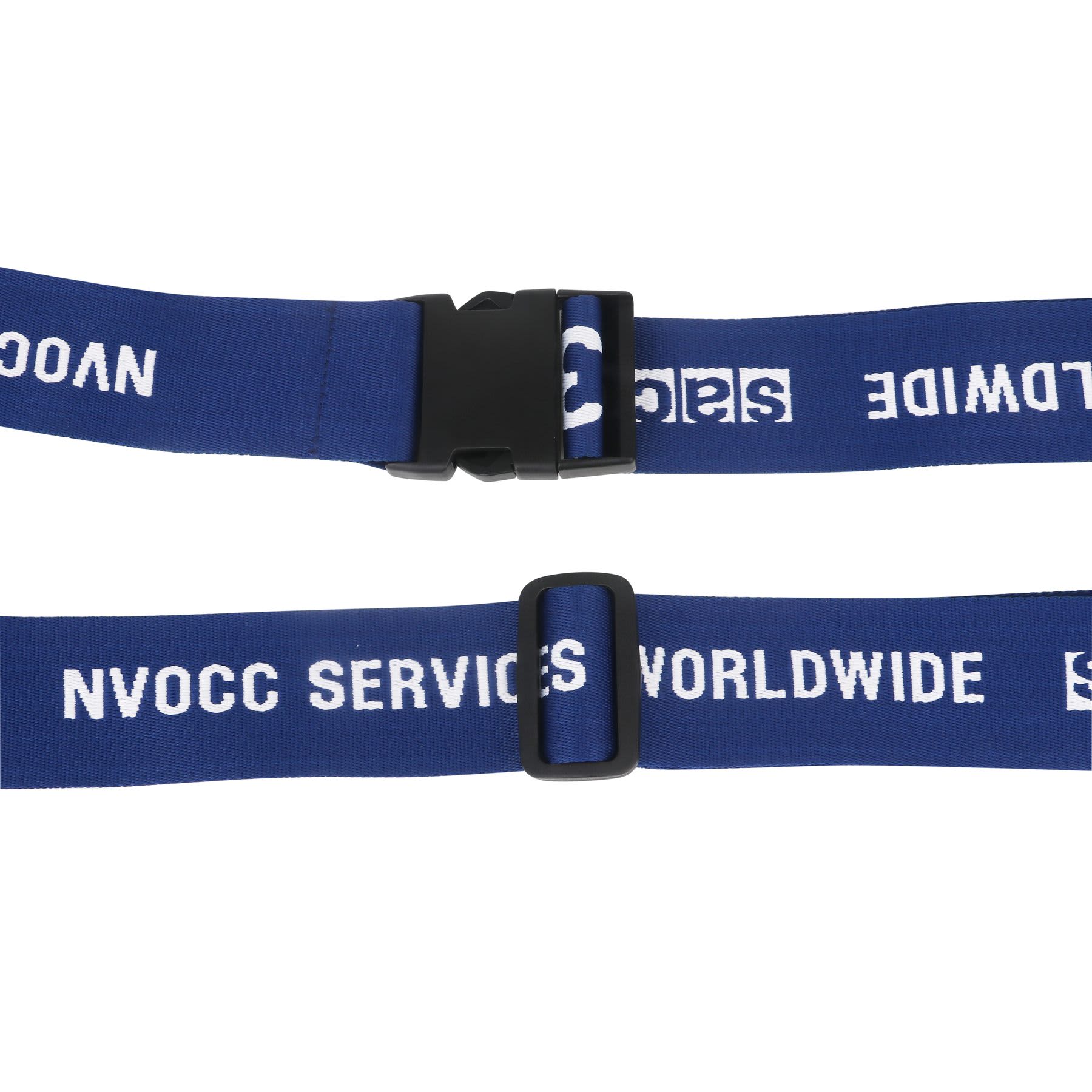 A woven luggage belt in blue with black clasps and a logo, designed for securing luggage.