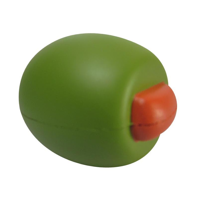 A green olive-shaped stress reliever with an orange stem, featuring a smooth, matte finish and a subtle branding logo.