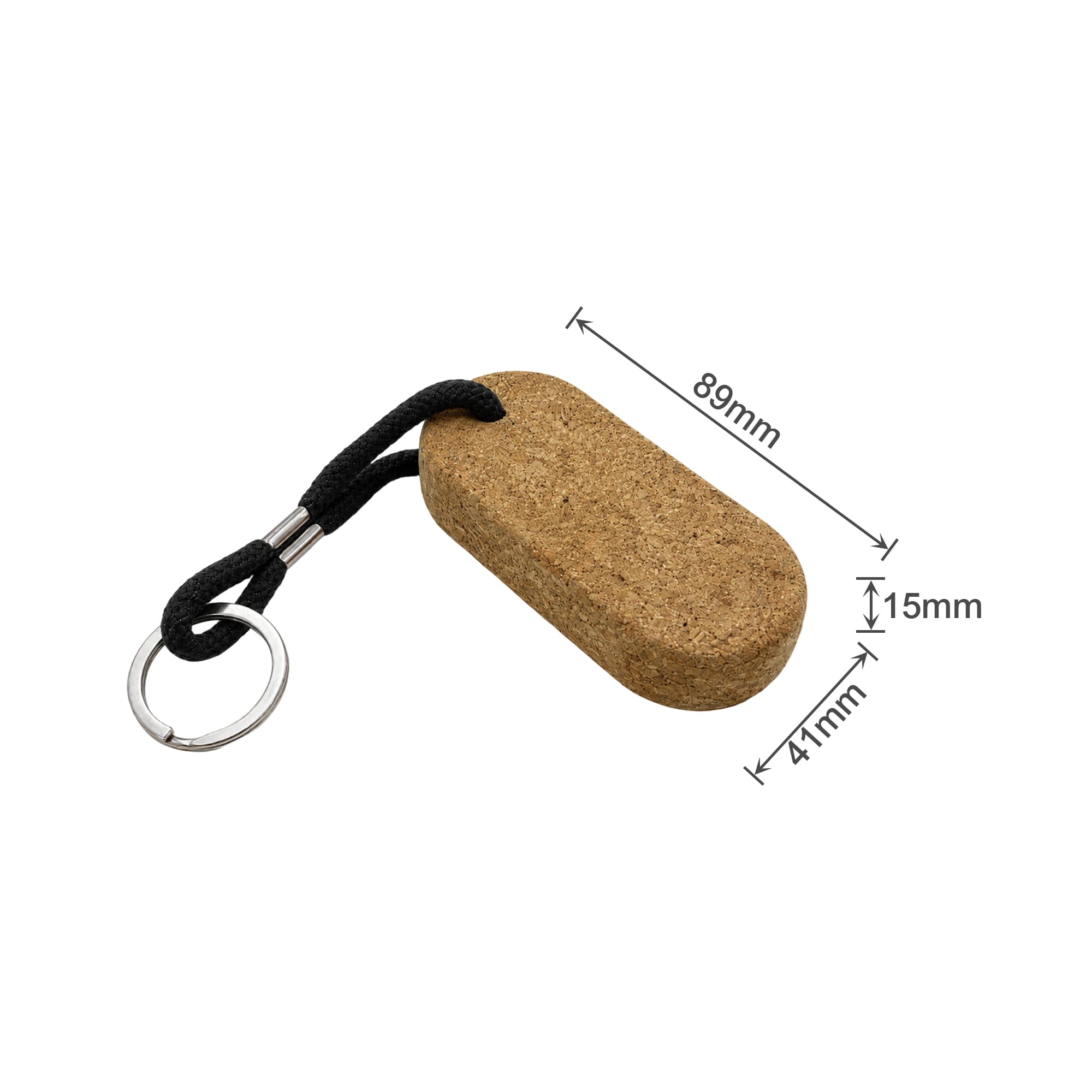 An oval cork keyring in a natural brown colour, featuring a black rope and metal keyring attachment.