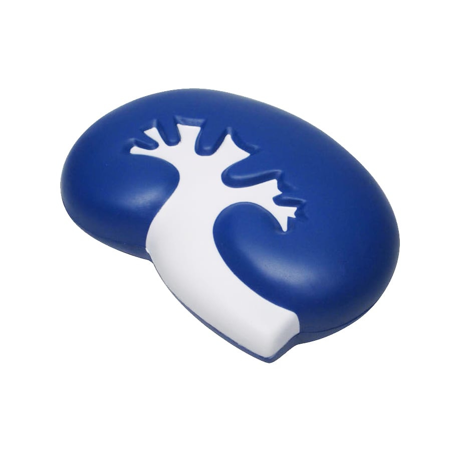 A blue and white kidney-shaped stress reliever with a tree design cutout.