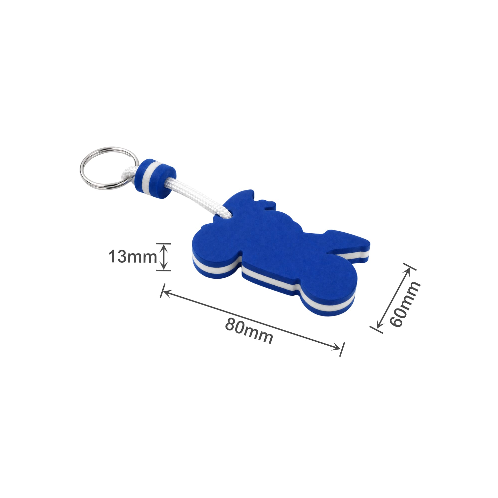 A blue custom EVA floating keychain shaped like a motorcycle, featuring white stripes and a metal ring for attachment.