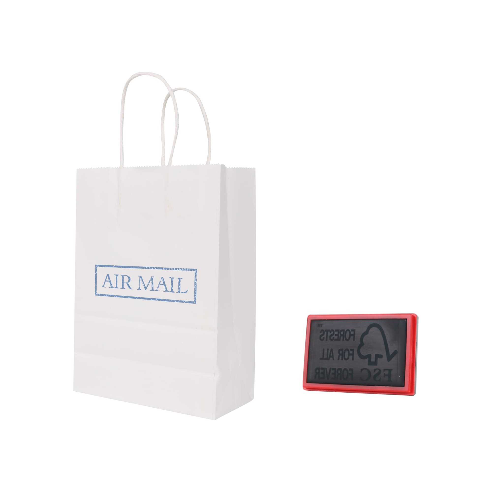 A white kraft paper bag with twisted handles beside a rectangular stamp with a red border.