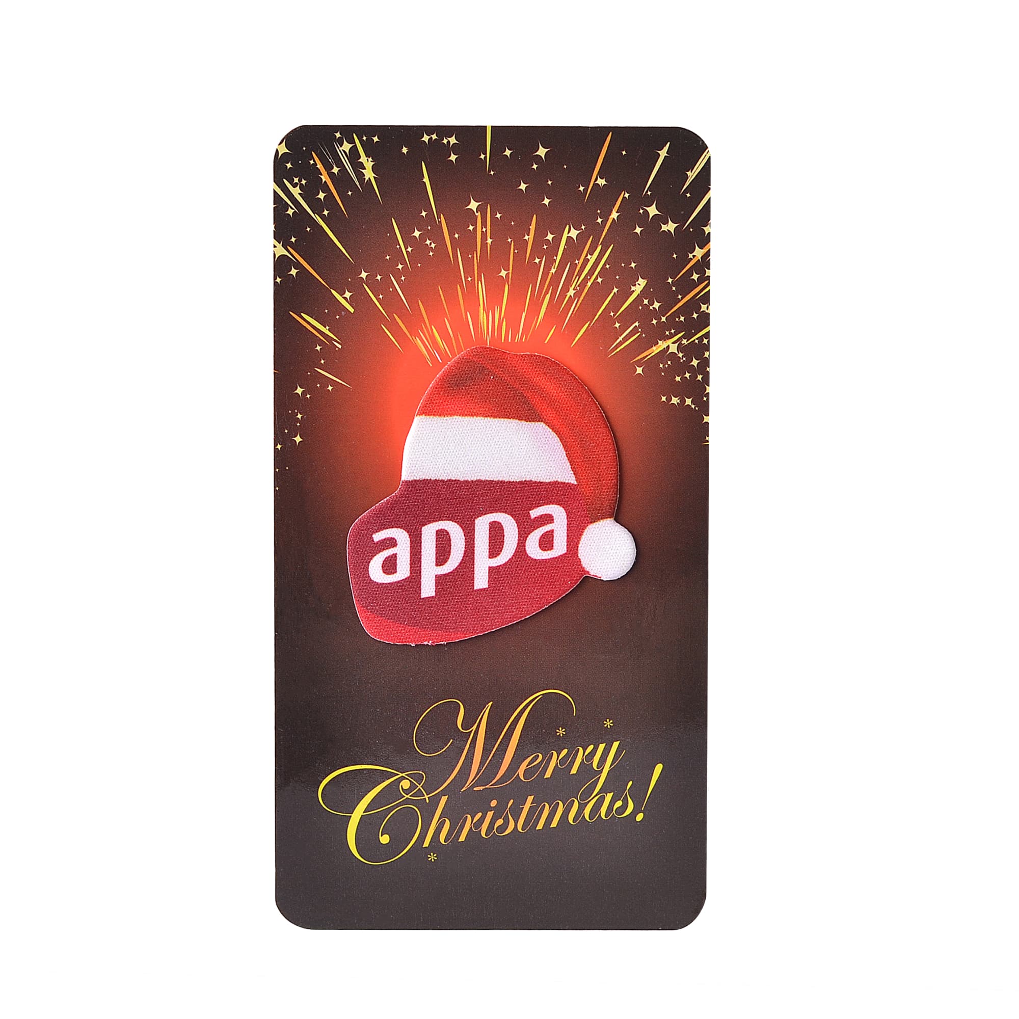 A promotional card featuring a Santa hat design, with festive graphics and a logo. The background has sparkles.