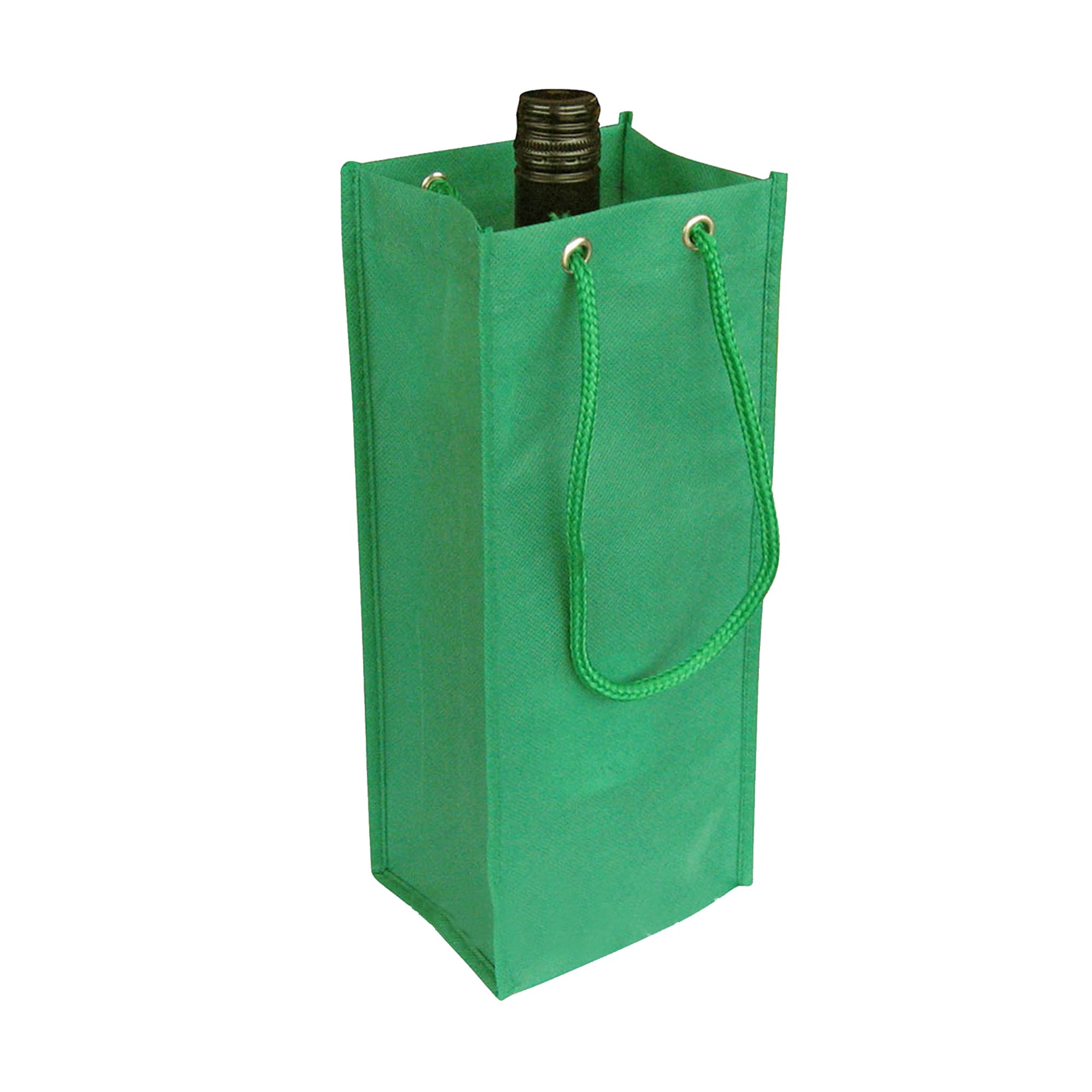A drink bottle in a green non-woven single bottle bag with a rope handle and eyelets.