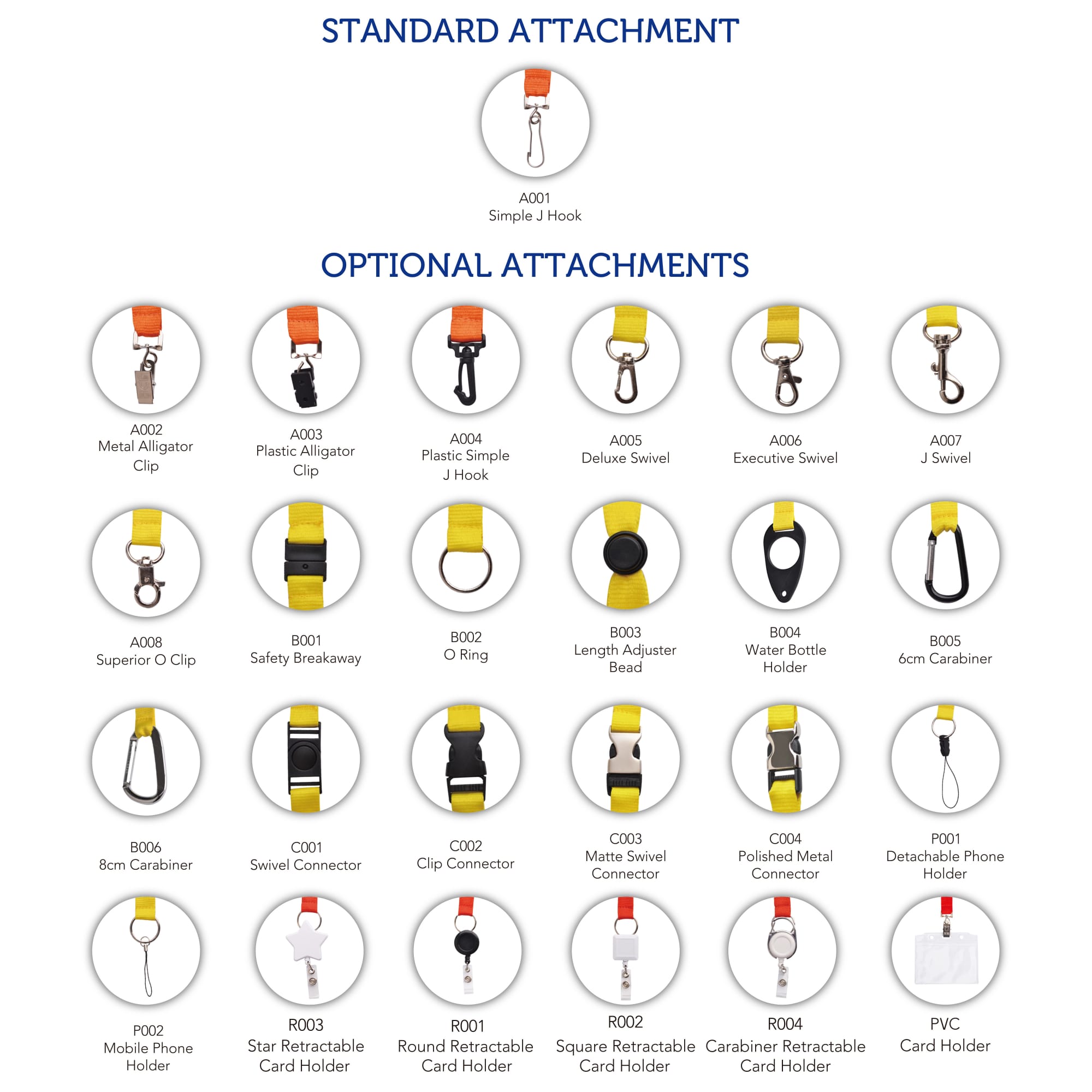 A collection of lanyard attachments in various colours, showcasing standard and optional attachment options.