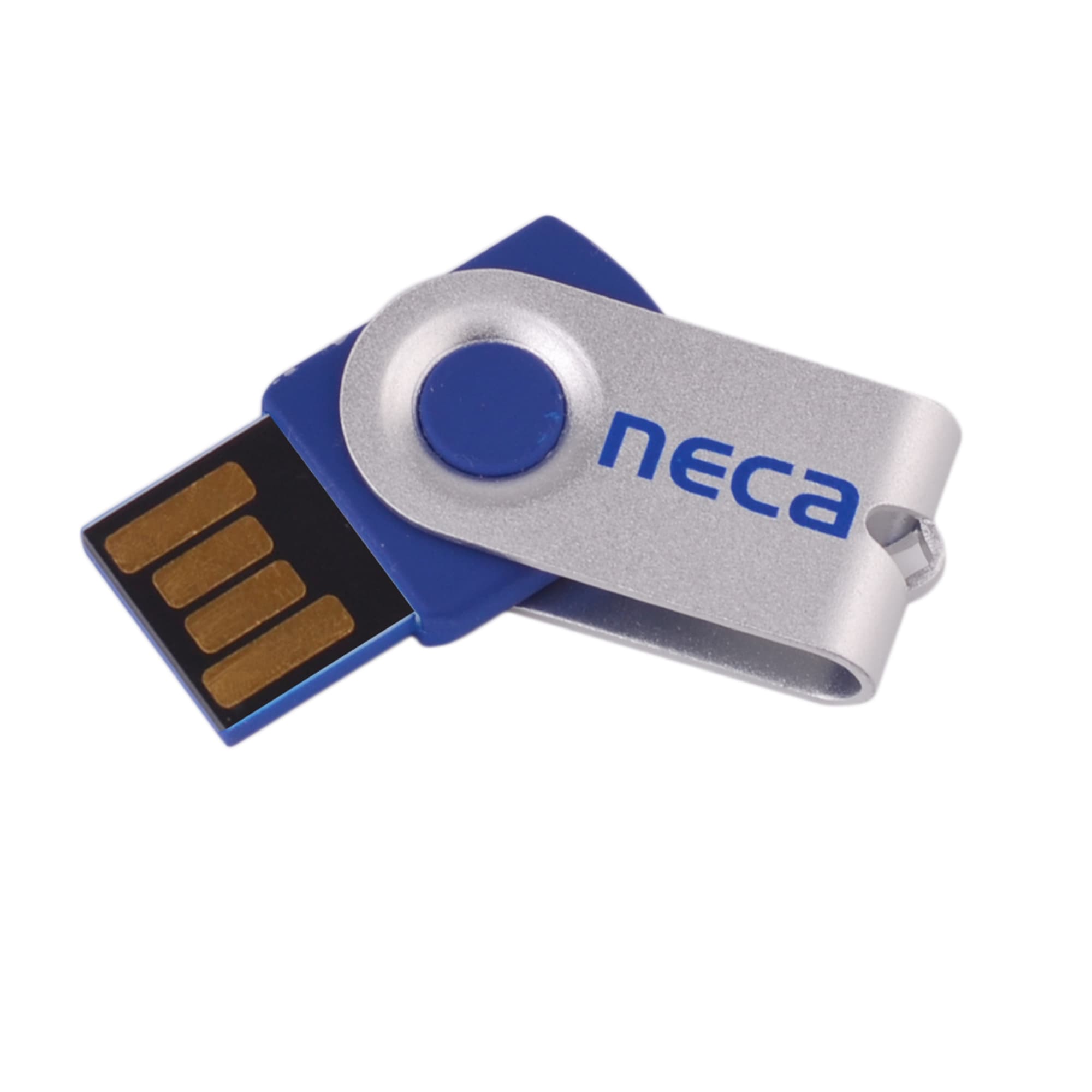 A silver and blue Mini Belton flash drive with a swivel design and a logo on the side.