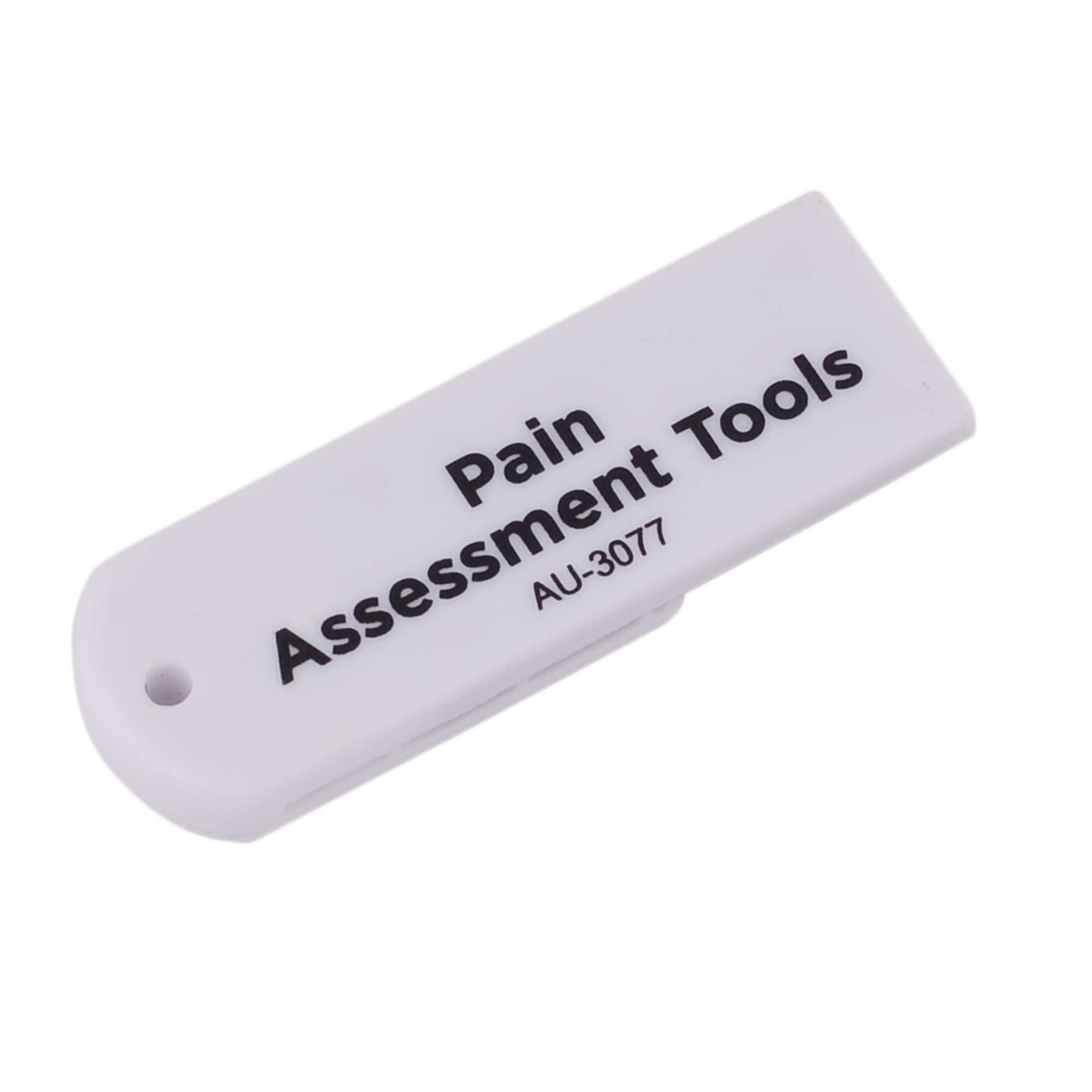 A white flash drive with a rounded edge and a branding logo, featuring printed black text.