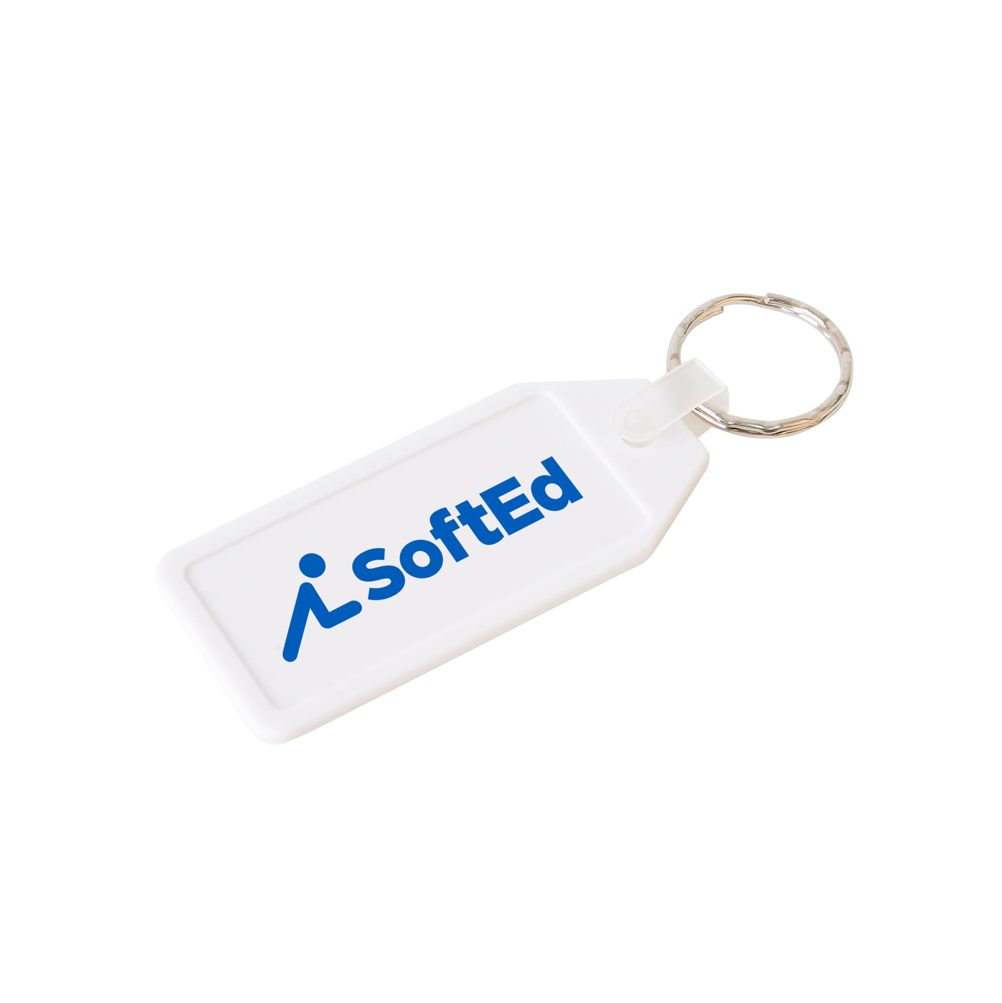 A long hexagon hard plastic keyring in white with a keychain attachment and a logo.