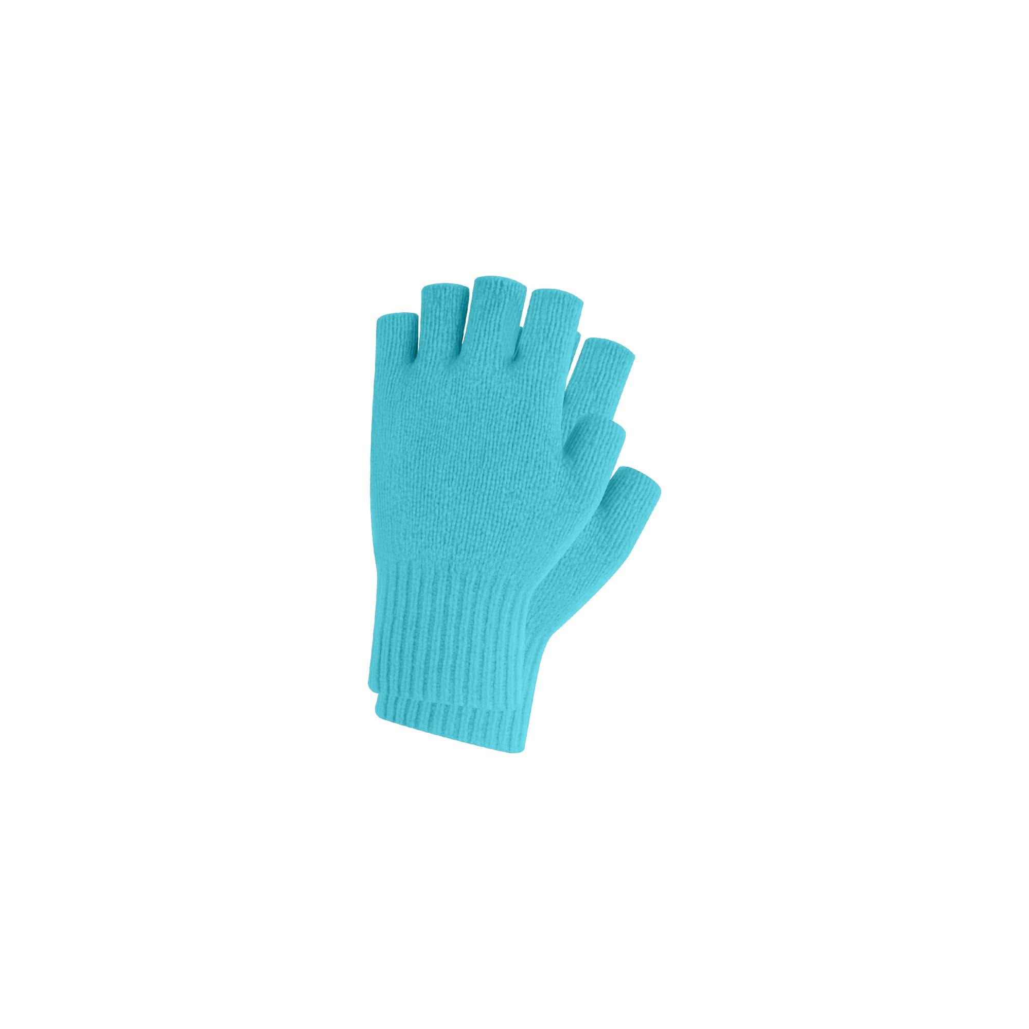 A pair of turquoise fingerless gloves with ribbed cuffs, featuring a woven label.