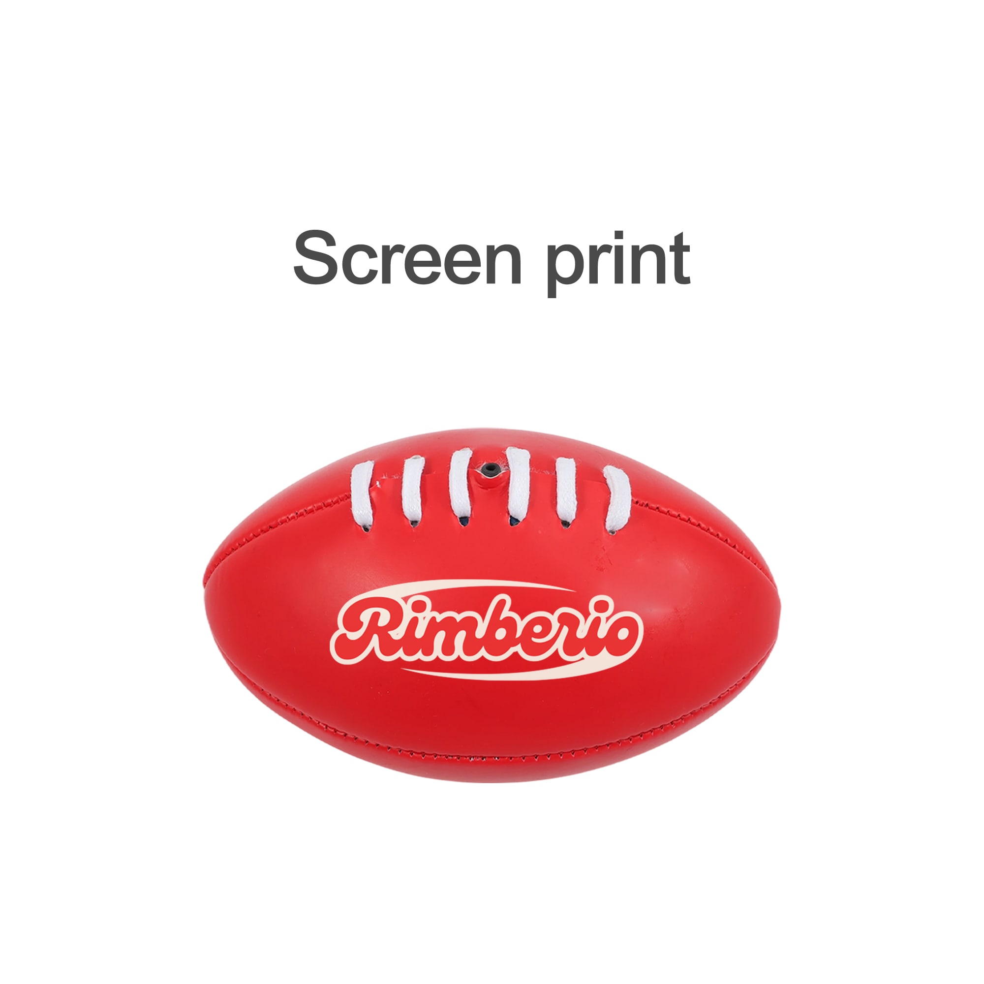 A mini promotional Aussie Rules ball in red, featuring white laces and a logo.