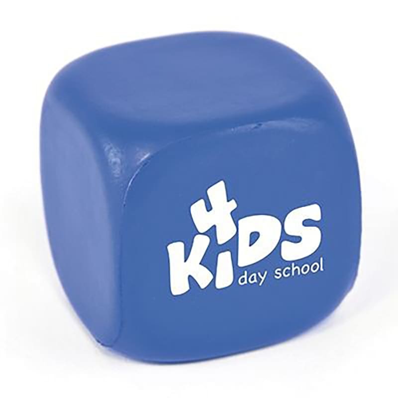 A blue, 50mm cube-shaped stress reliever with a logo featuring the words "4 KIDS day school."
