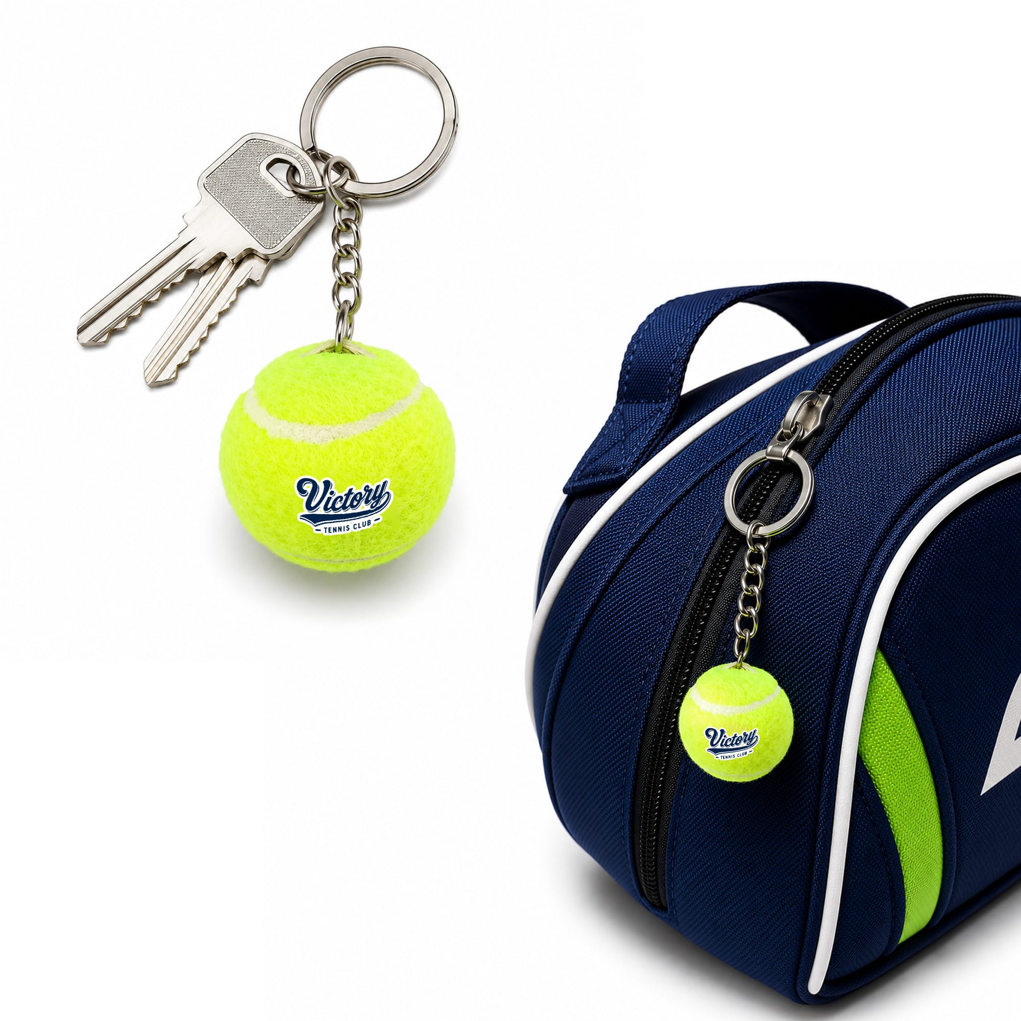 A bright yellow tennis ball keyring attached to a chain and a set of keys, alongside a blue sports bag.