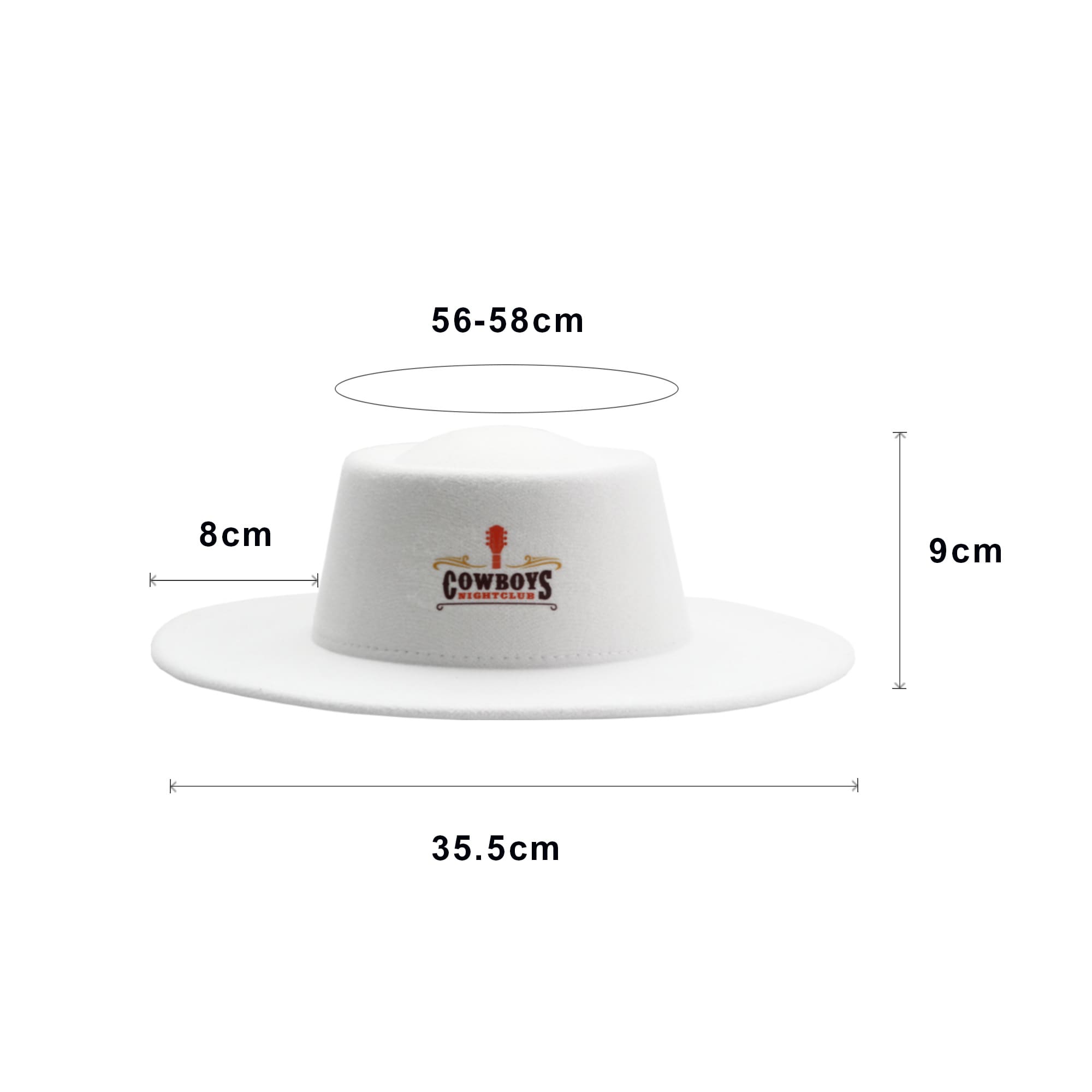 A white flat top felt fedora hat with a wide brim and a logo on the front. Dimensions displayed in the image.