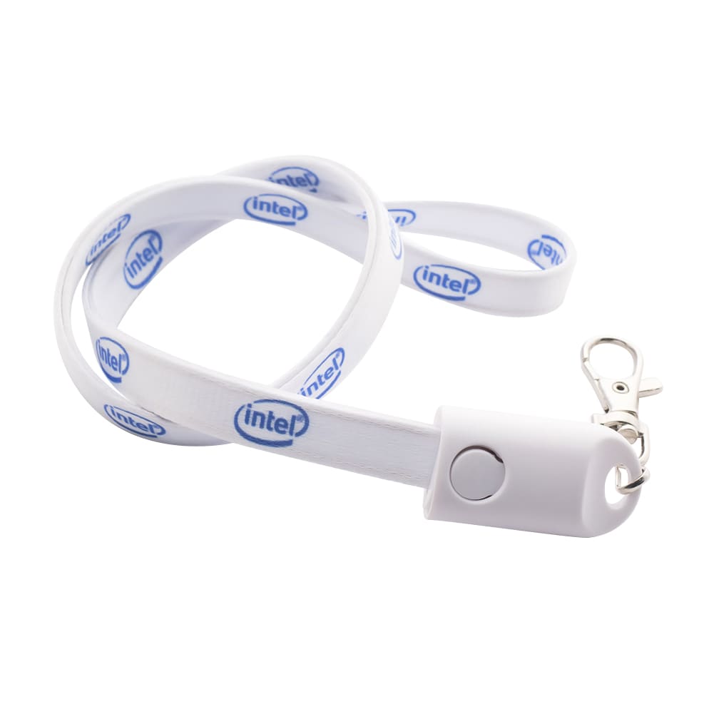 A white polyester lanyard featuring a logo and a clip for attaching items.