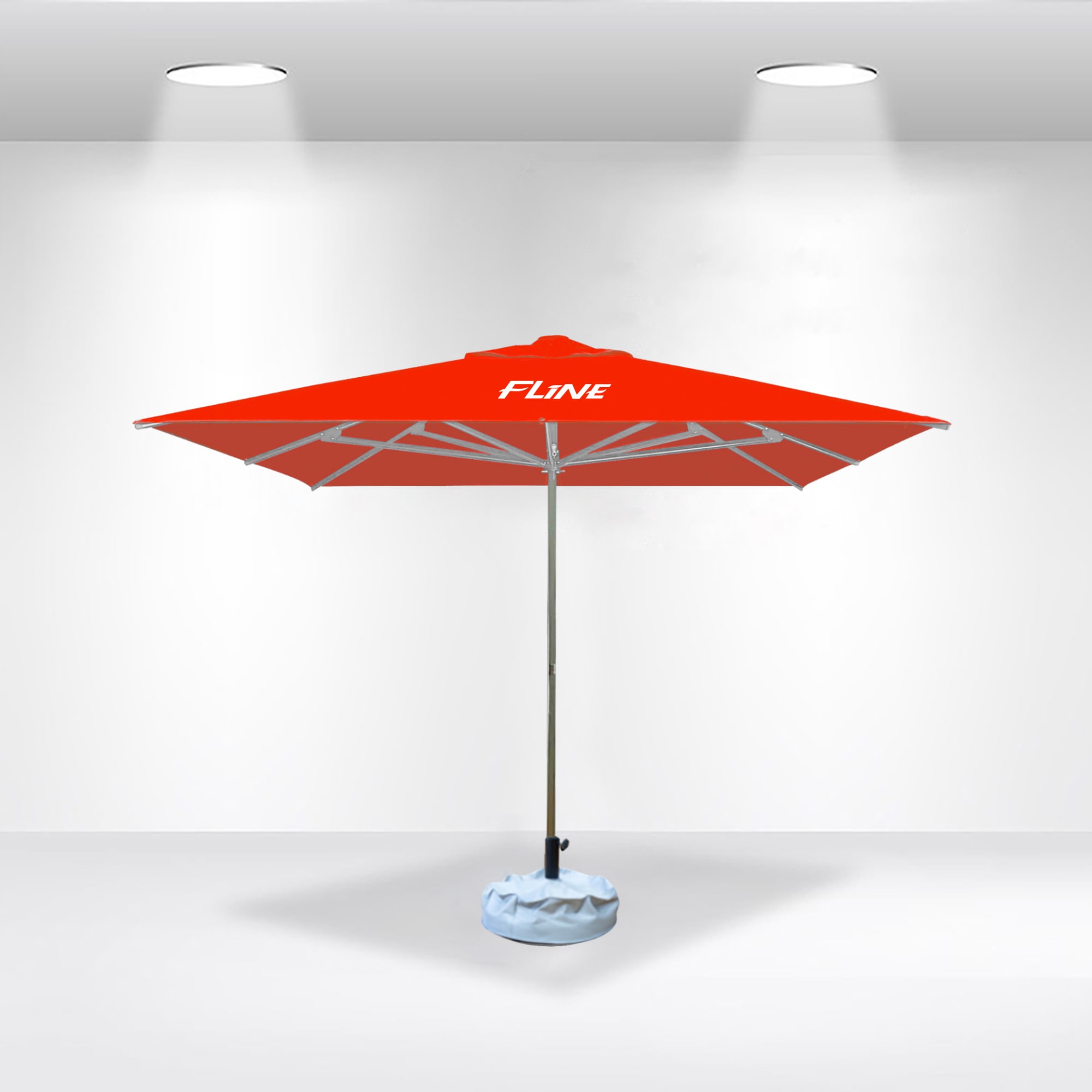 A red 3x3m square market umbrella with a grey base and a logo on the canopy, set against a plain background.