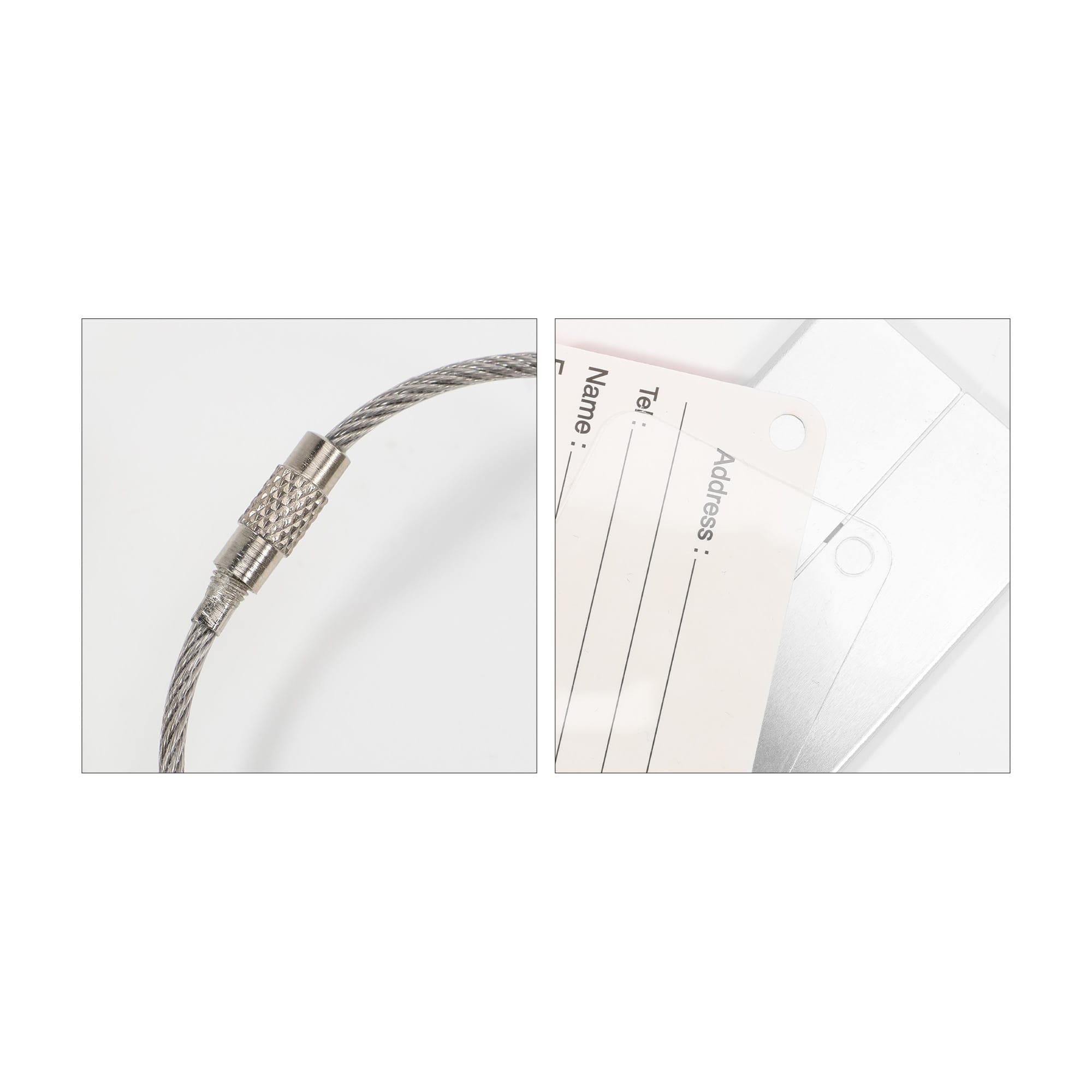 A wire cable luggage tag in silver, featuring a textured connection and two blank identification cards.