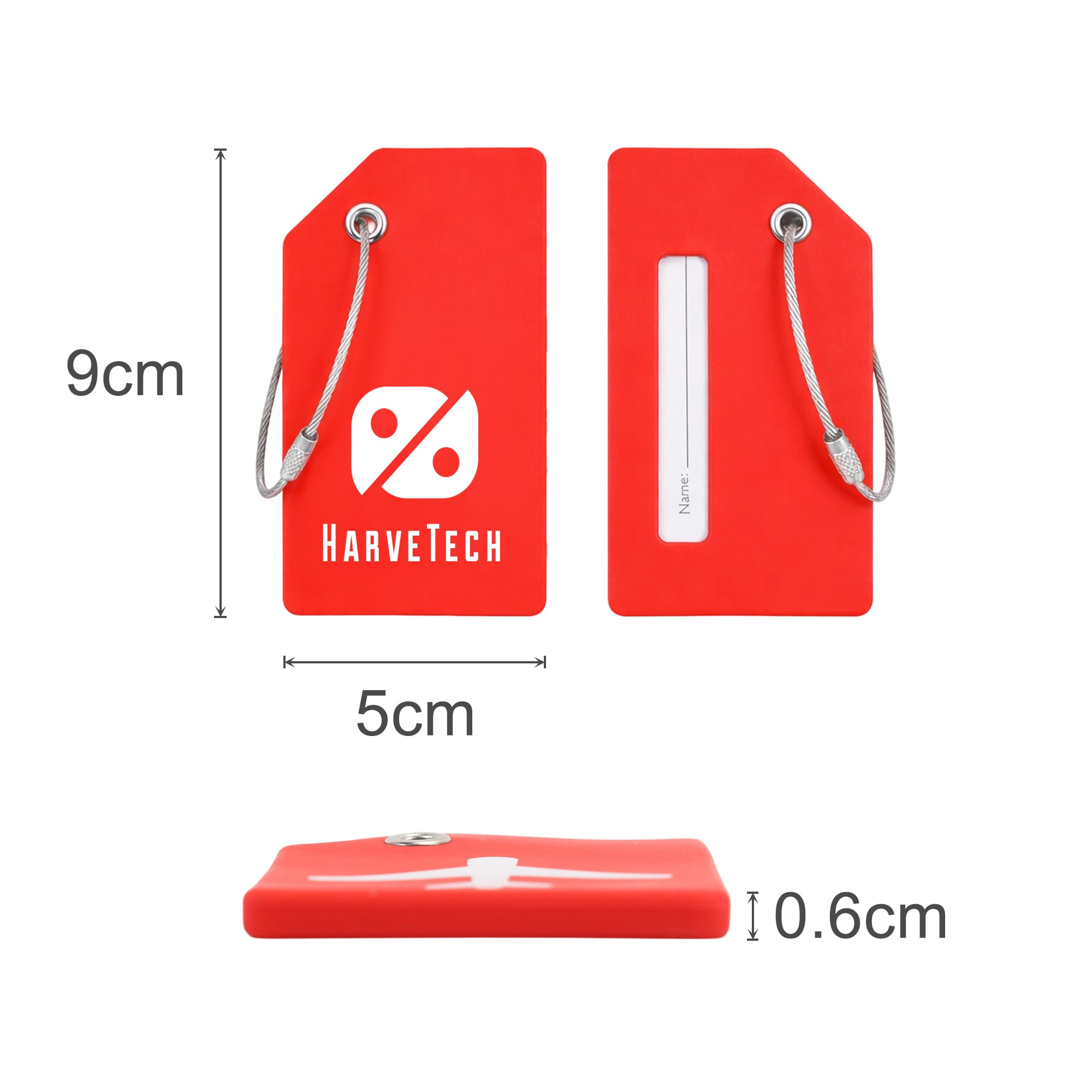 A soft silicone luggage tag in red, featuring a silver attachment loop and branding logo. Measures 9 cm by 5 cm.