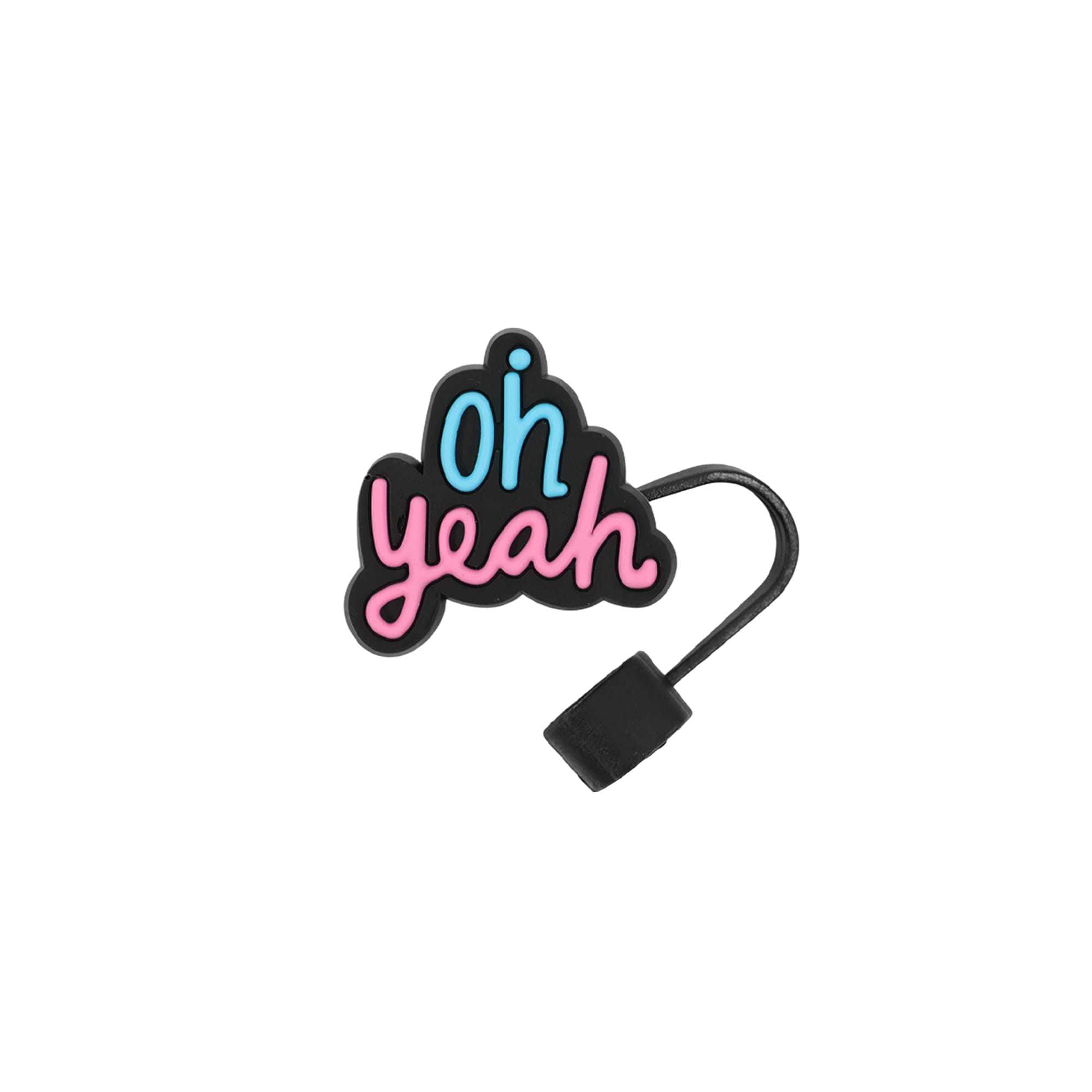 A drink bottle accessory featuring a black "oh yeah" custom-shaped straw cover in pink and blue.