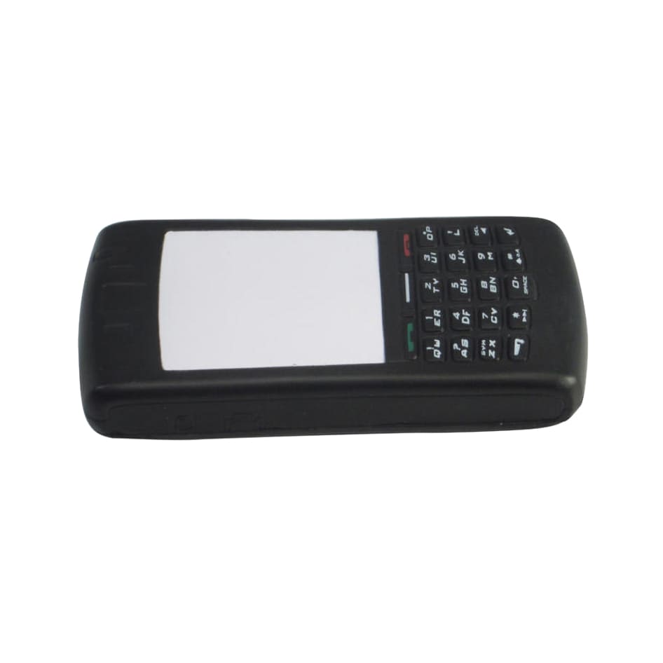 A black mobile phone-shaped stress reliever with a white screen and numeric keypad, featuring a logo.