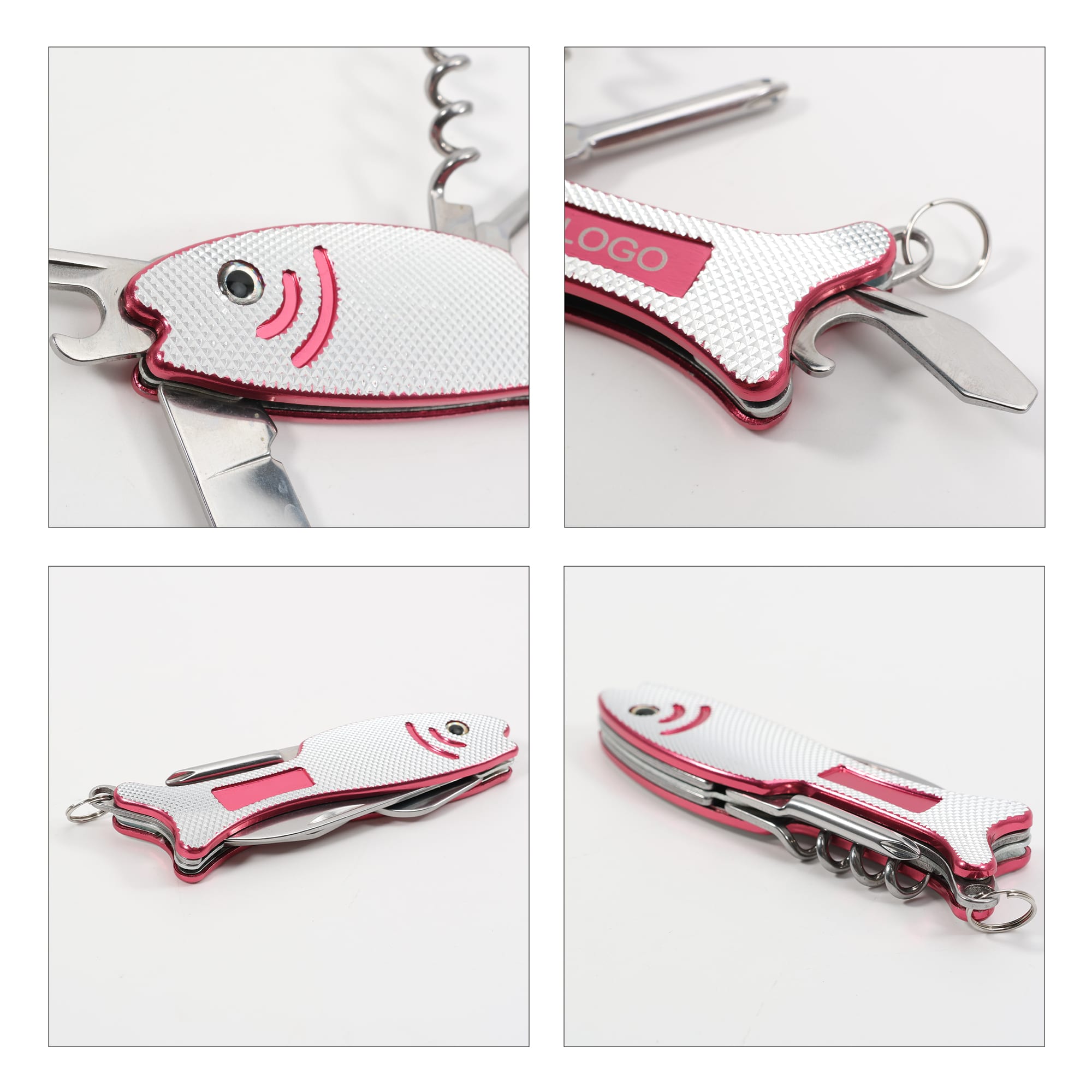 A multitool featuring a fish design in white and pink, with various tools including a bottle opener and keychain attachment.