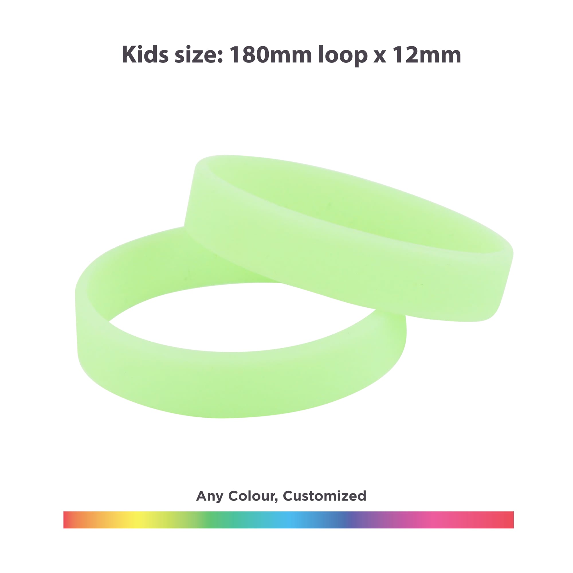 Glow-in-the-dark silicone wristbands in a bright green colour, featuring a smooth, flexible design.