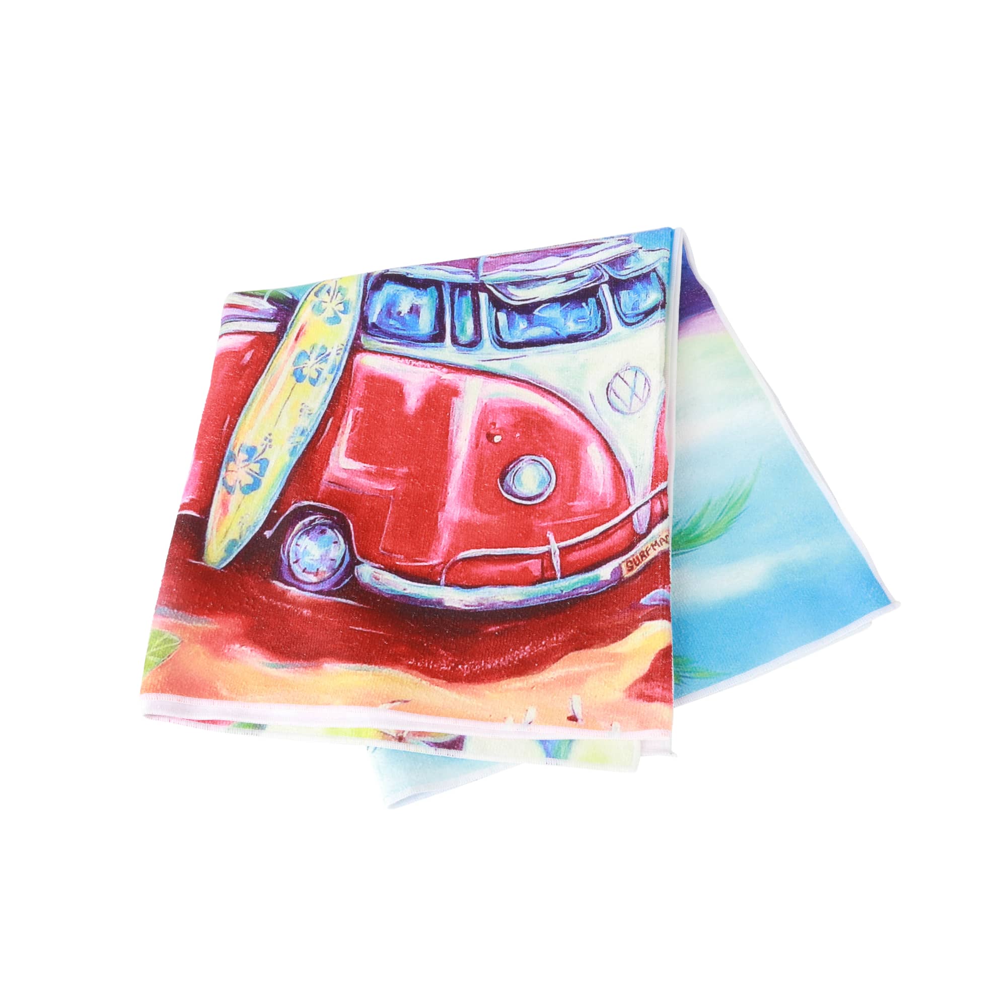 A beach towel featuring vibrant colours, with a design of a retro van and surfboard on one side. It has a logo.