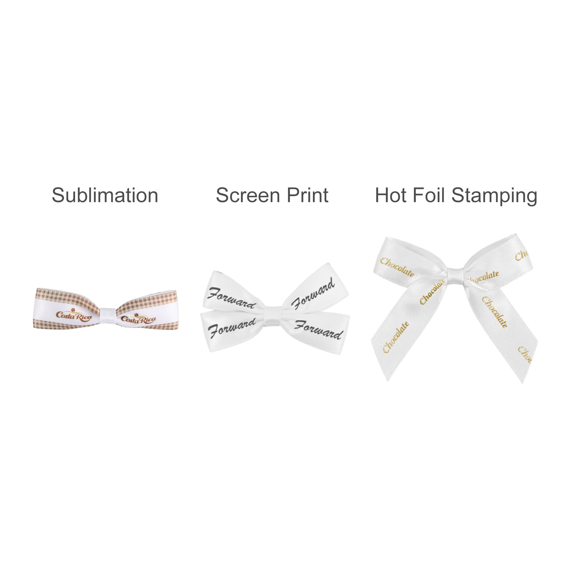 Three adhesive bows in white, featuring different designs: a checked pattern, text in black, and hot foil stamping details.