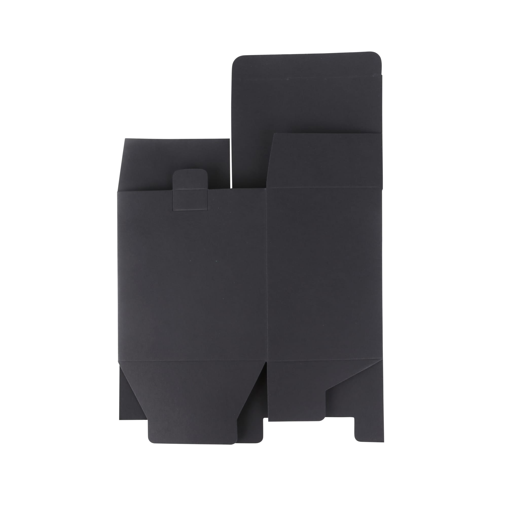 A medium square gift box in a sleek black design, featuring various folds and closures for secure packaging.