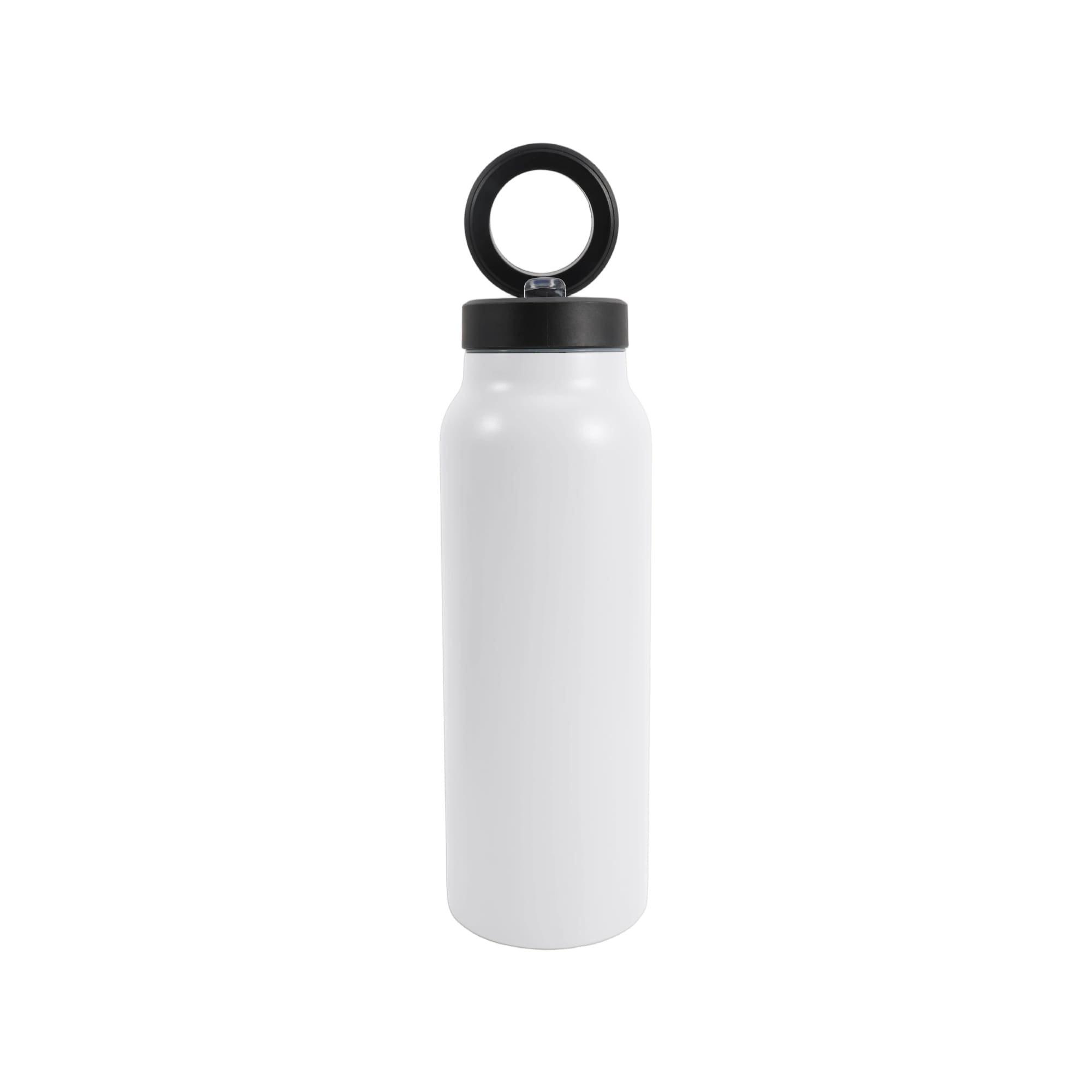 A drink bottle in white stainless steel with a black lid and a magnetic phone holder on top.