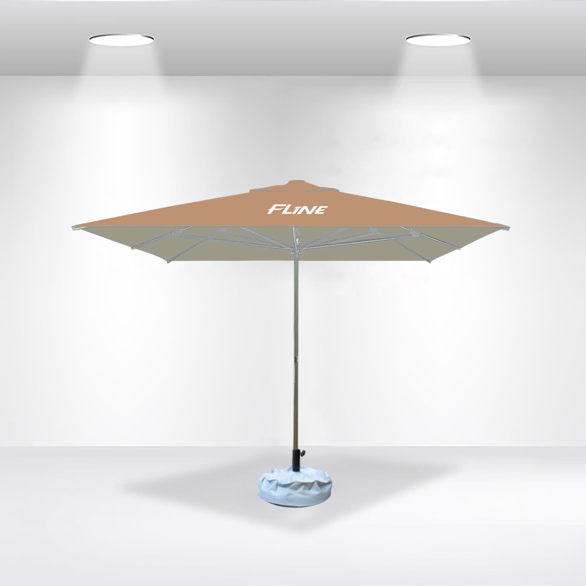 A 2x2m square market umbrella in beige with a base, featuring a branding logo. Ideal for outdoor leisure.