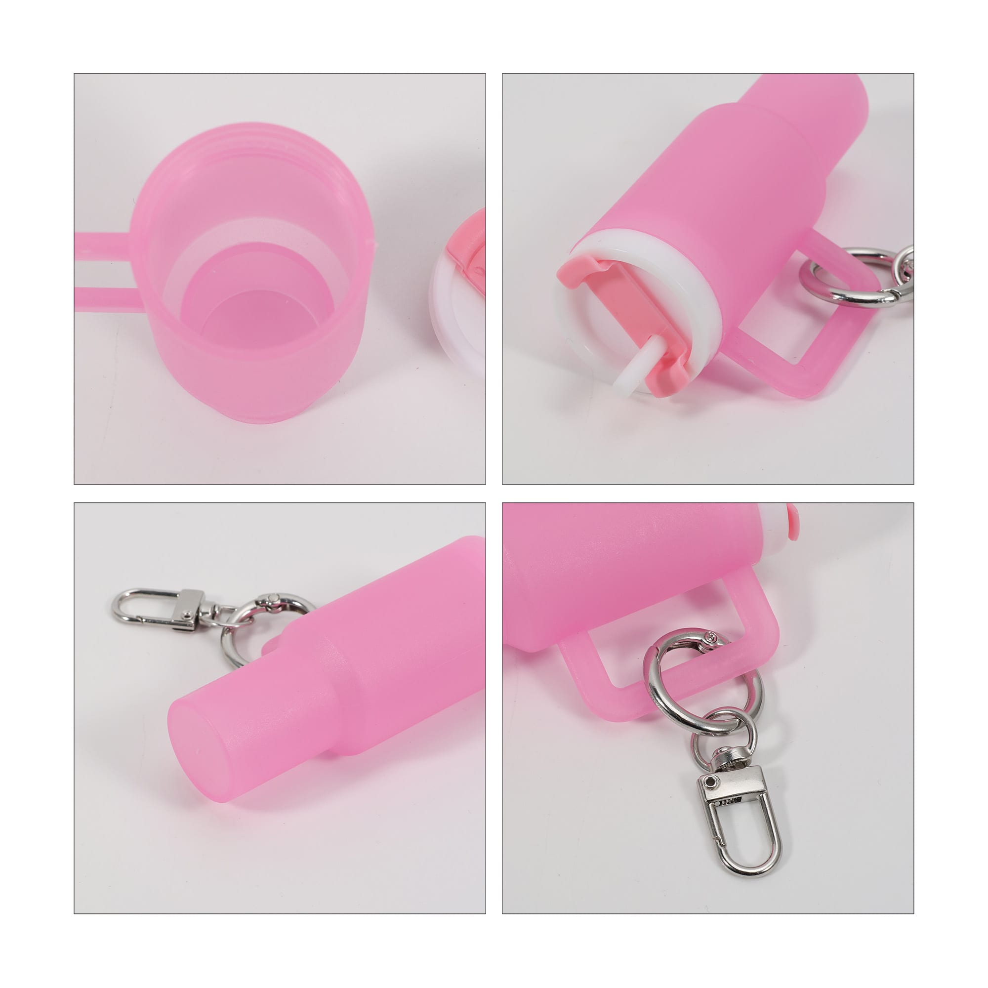A pink glow-in-the-dark mini tumbler keyring with a metal clip and removable lid for easy access.