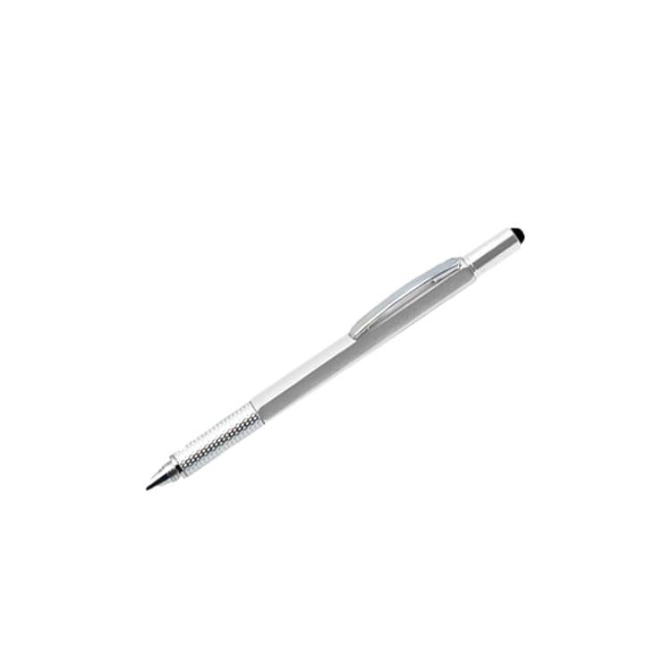A silver multi-function pen with a sleek design and a black writing tip. It features a branding logo on the body.
