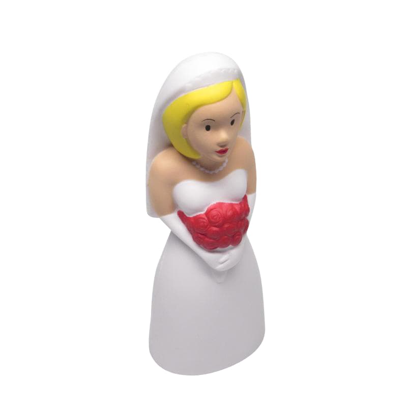 A white bride stress reliever figurine with blonde hair and a red bouquet, featuring a subtle logo detail.