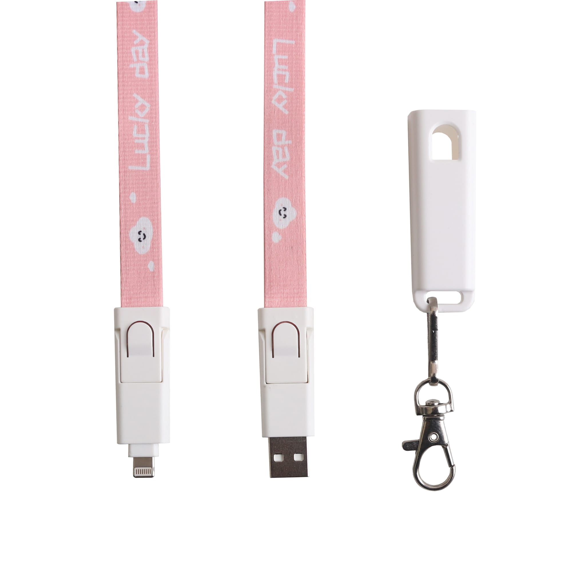 A pink polyester lanyard charging cable featuring USB and Lightning connectors, with a clip and a branding logo.