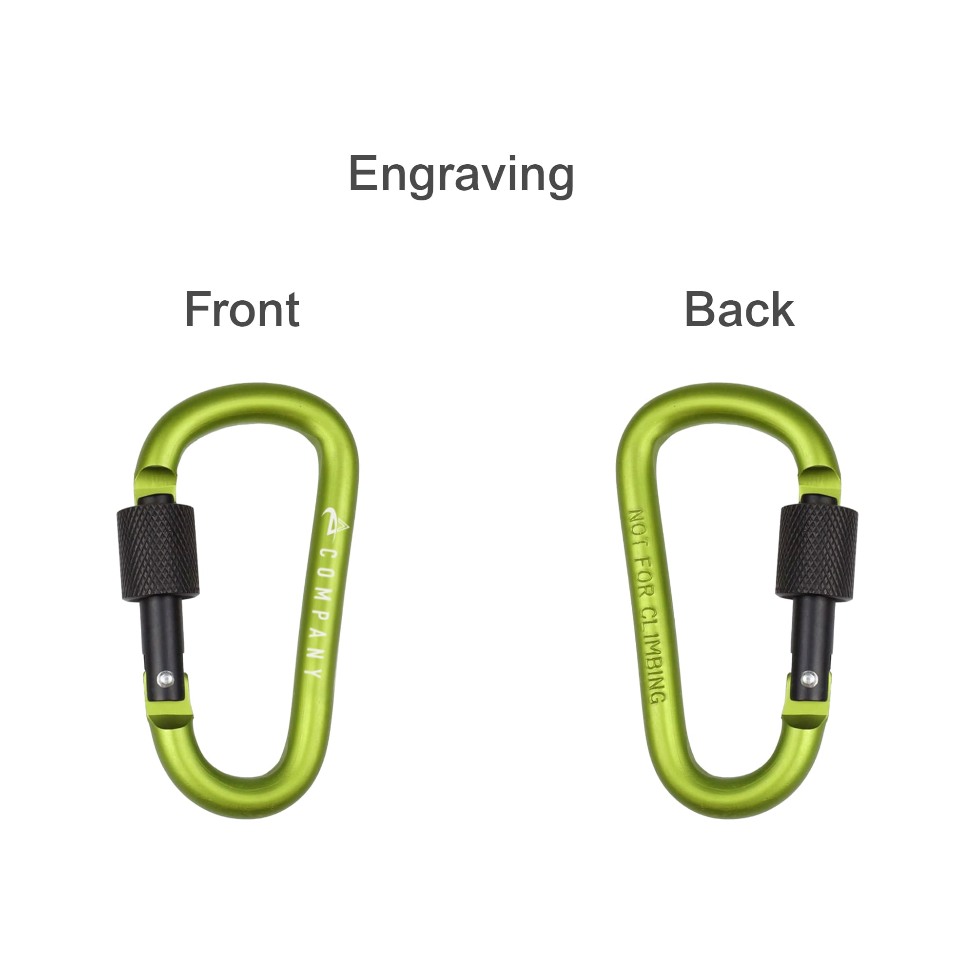 A green D-shaped screw lock keychain with front and back engravings, featuring a logo.