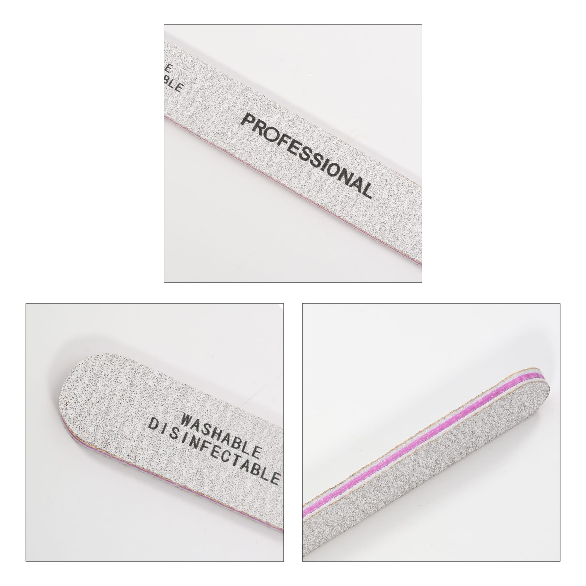 A straight shape nail file in grey with a pink edge, featuring a logo and text labels.
