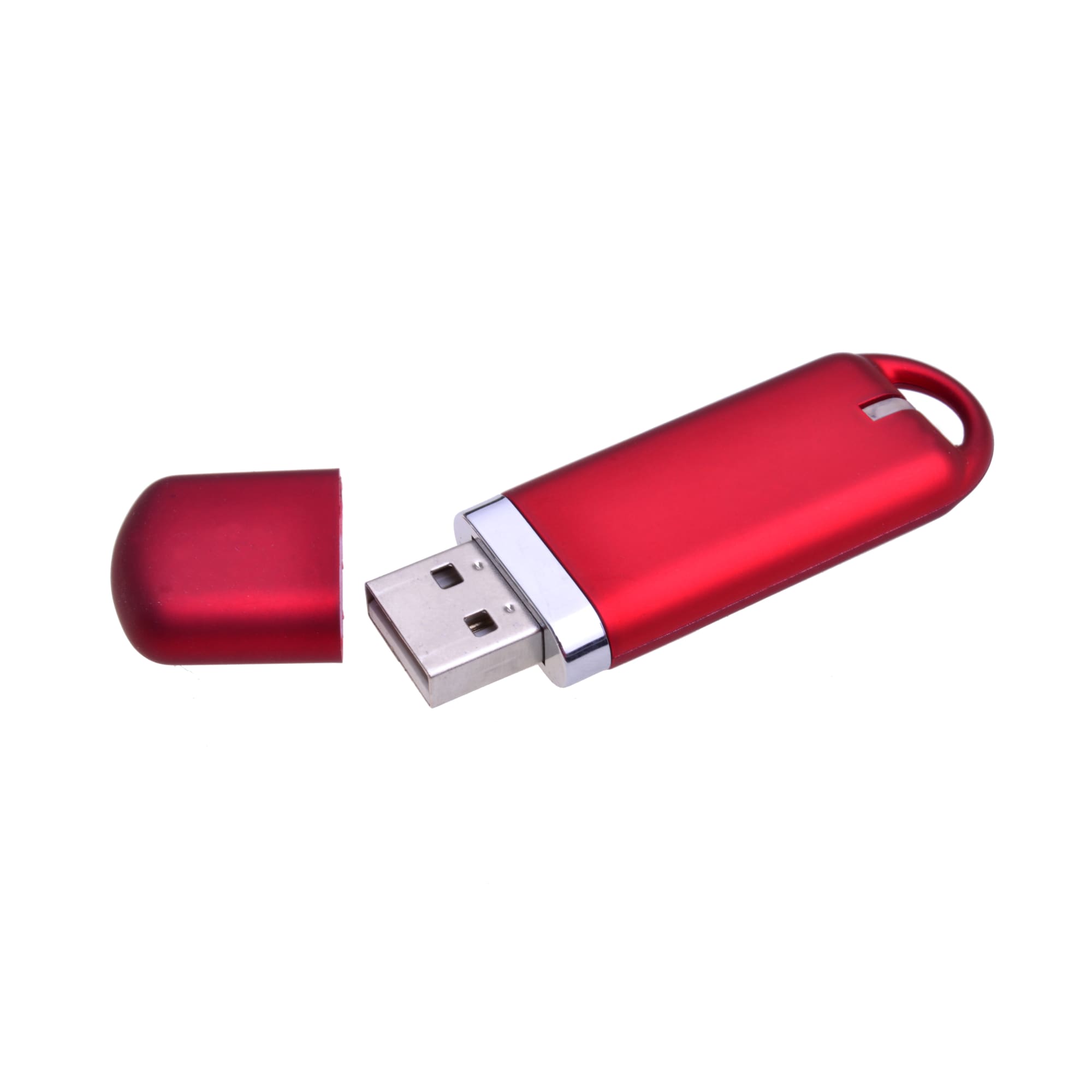 A red flash drive with a silver trim and a removable cap.