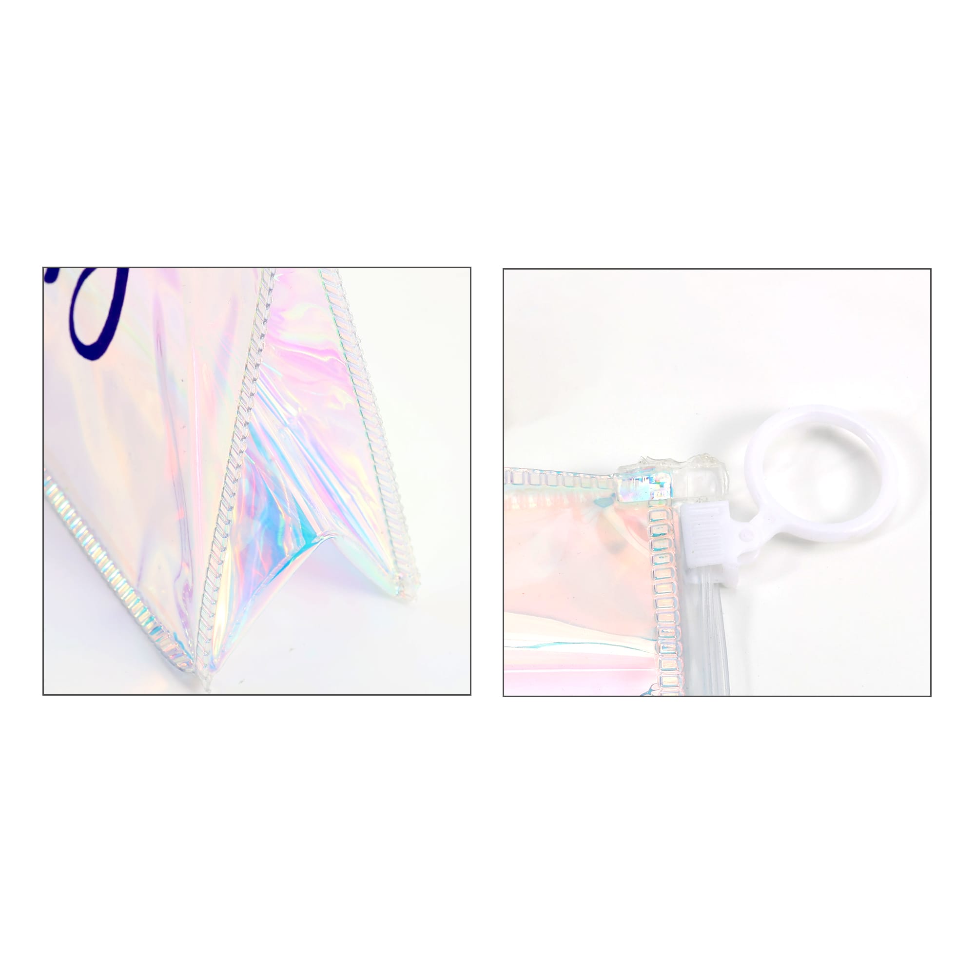 A holographic cosmetic bag with an iridescent finish, featuring a white zipper and loop.