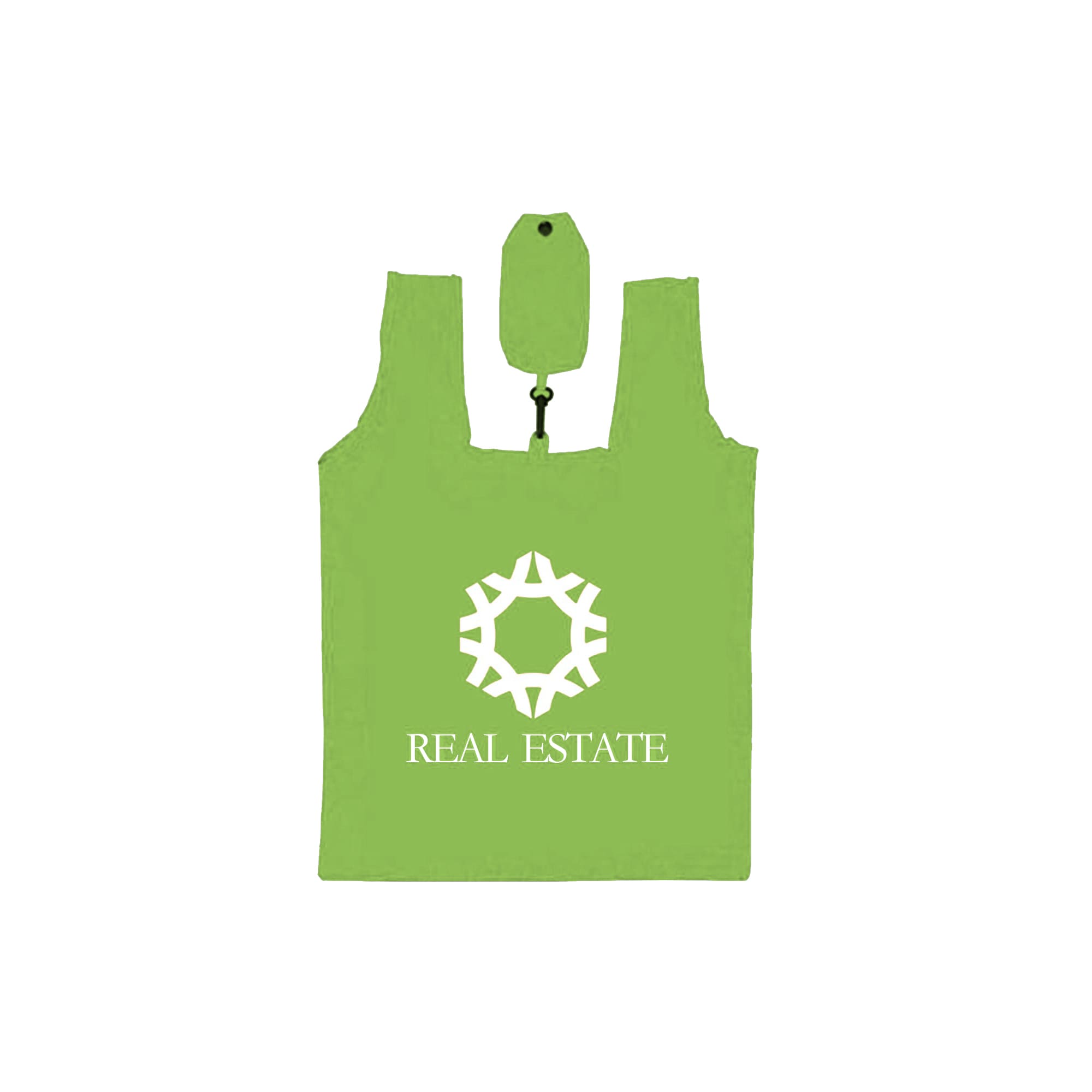 A compact, foldable shopping tote bag in bright green with a logo and a clip for easy storage.