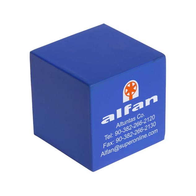 A blue cube-shaped stress reliever with a logo prominently displayed on one side.