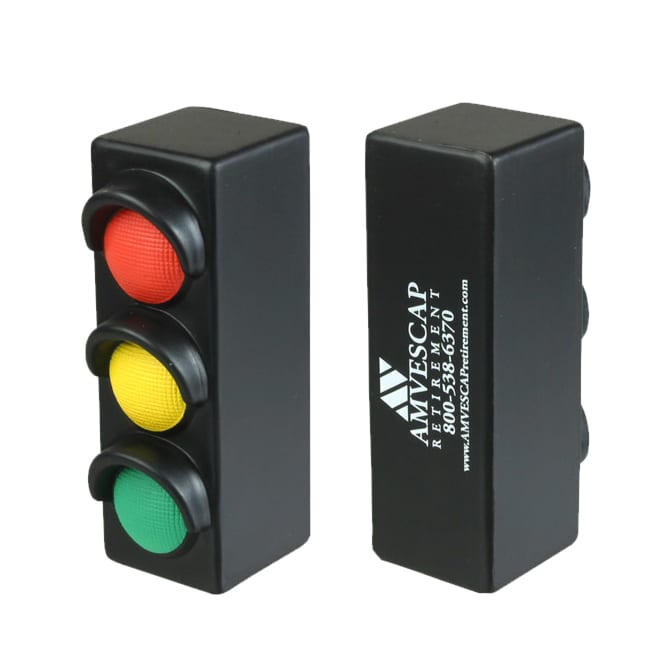A traffic light shape stress reliever with red, yellow, and green buttons, featuring a logo on one side.