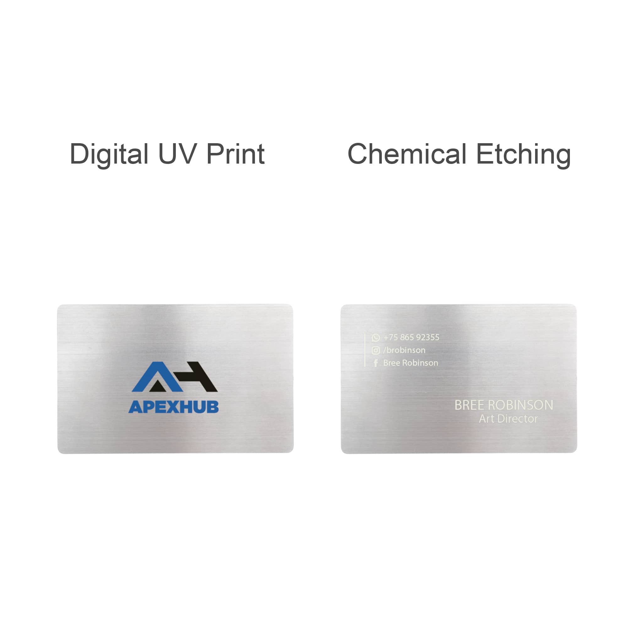 A stainless steel business card featuring a logo on one side and engraved details on the other side.