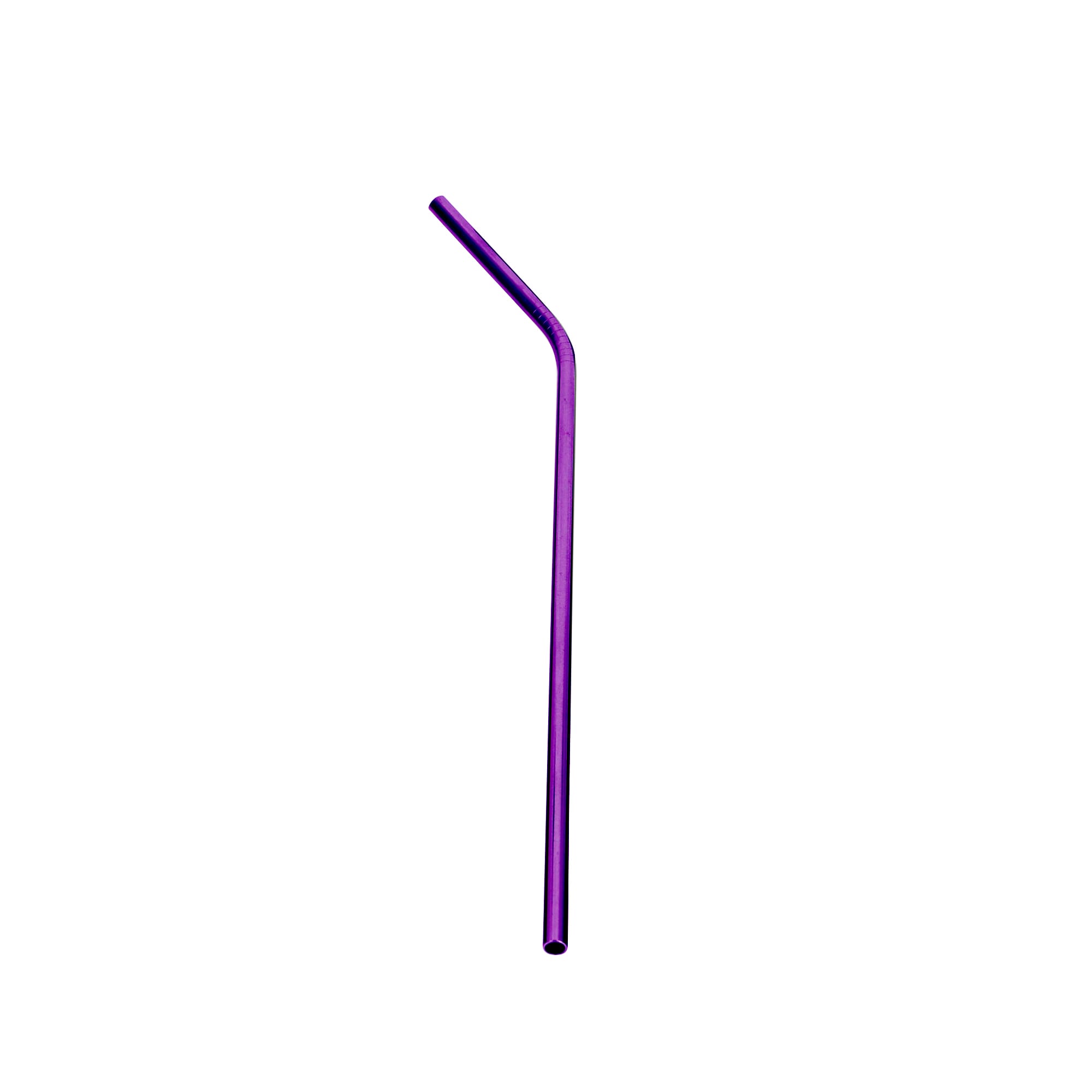 A purple stainless steel straw with a bent design, featuring a logo.