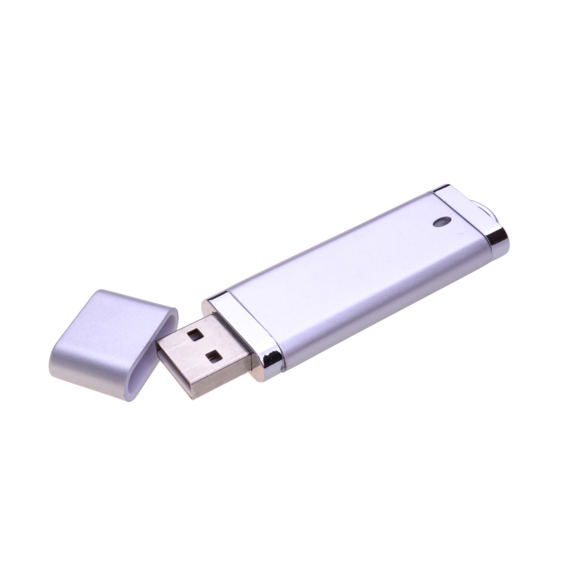 A silver flash drive with a removable cap, featuring a sleek design and a small logo.