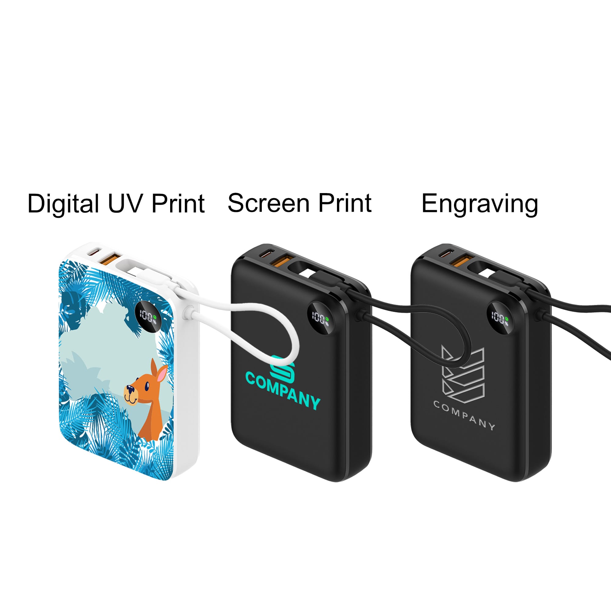 A 10,000mAh power bank in white with a design, and a black version featuring various print options and a logo.