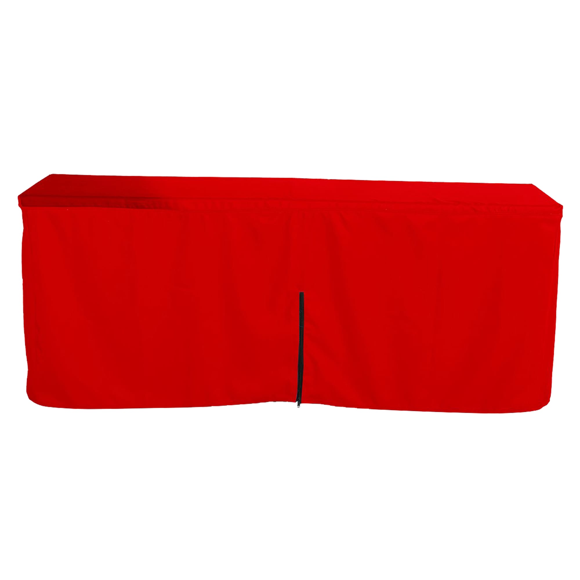 A red fitted tablecloth with a zipper back, designed for a 4ft table, featuring a logo.