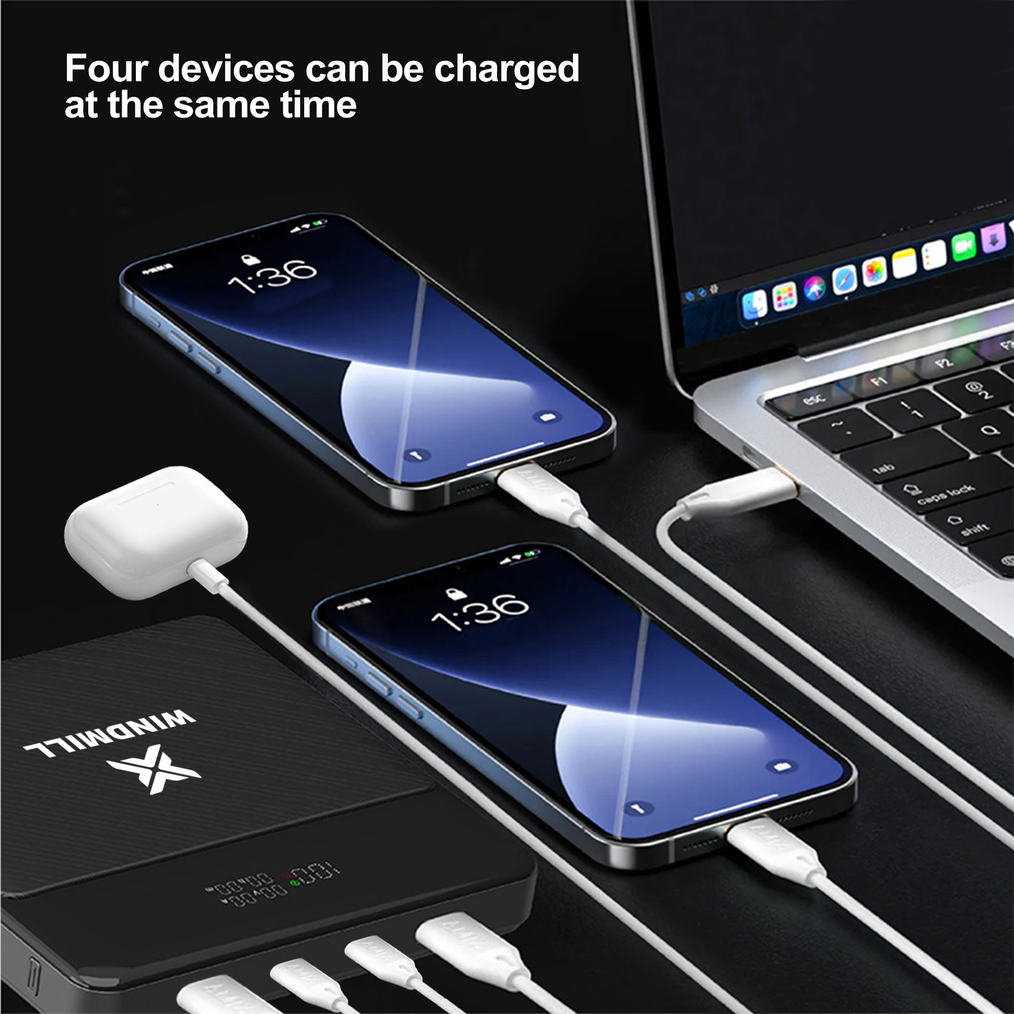 A power bank in black, charging two smartphones and connecting to a laptop, featuring multiple USB ports.
