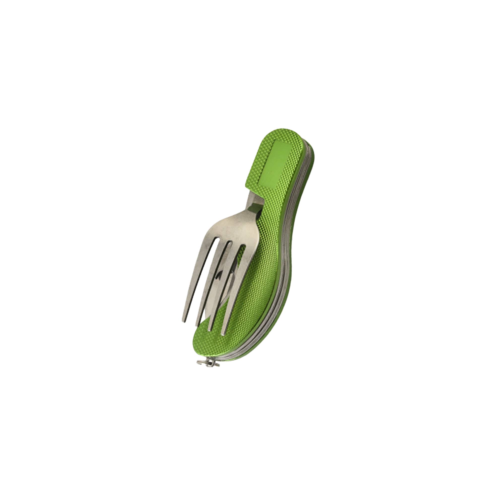 A camping cutlery set featuring a stainless steel fork housed in a green, textured case.