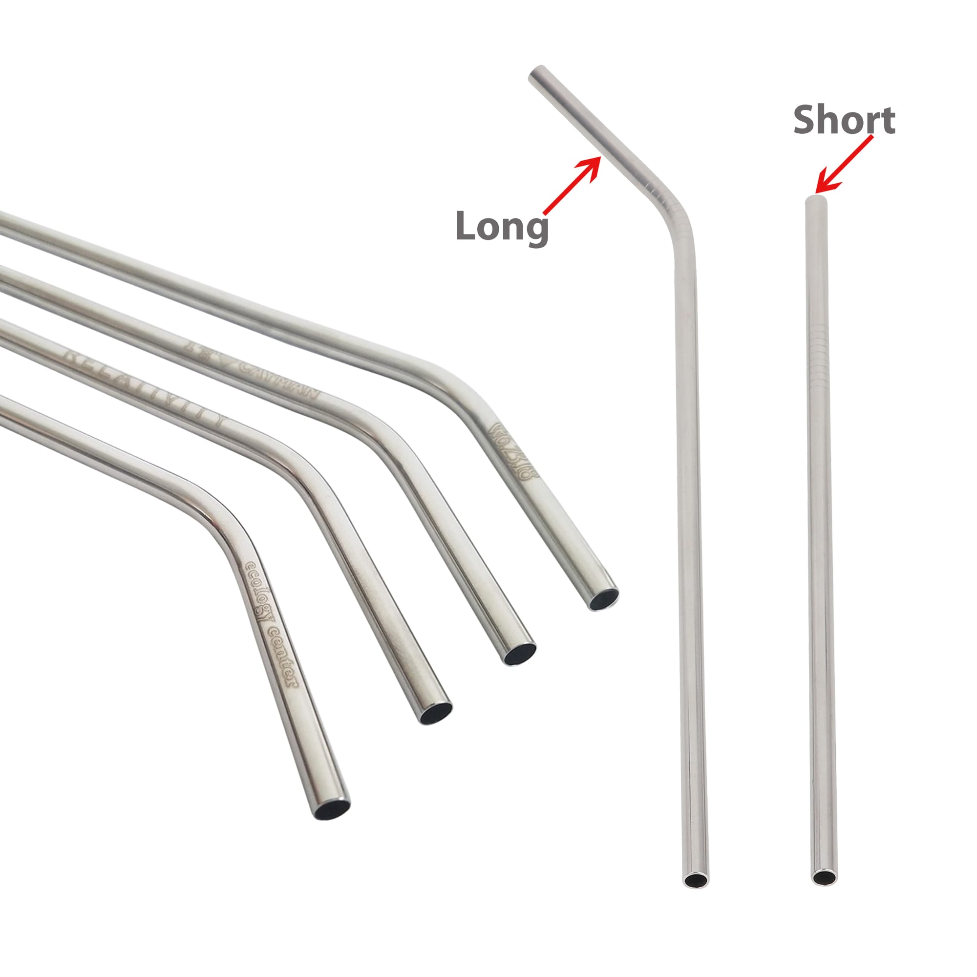A set of stainless steel drinking straws in varying lengths, including straight and curved designs, with a logo present.